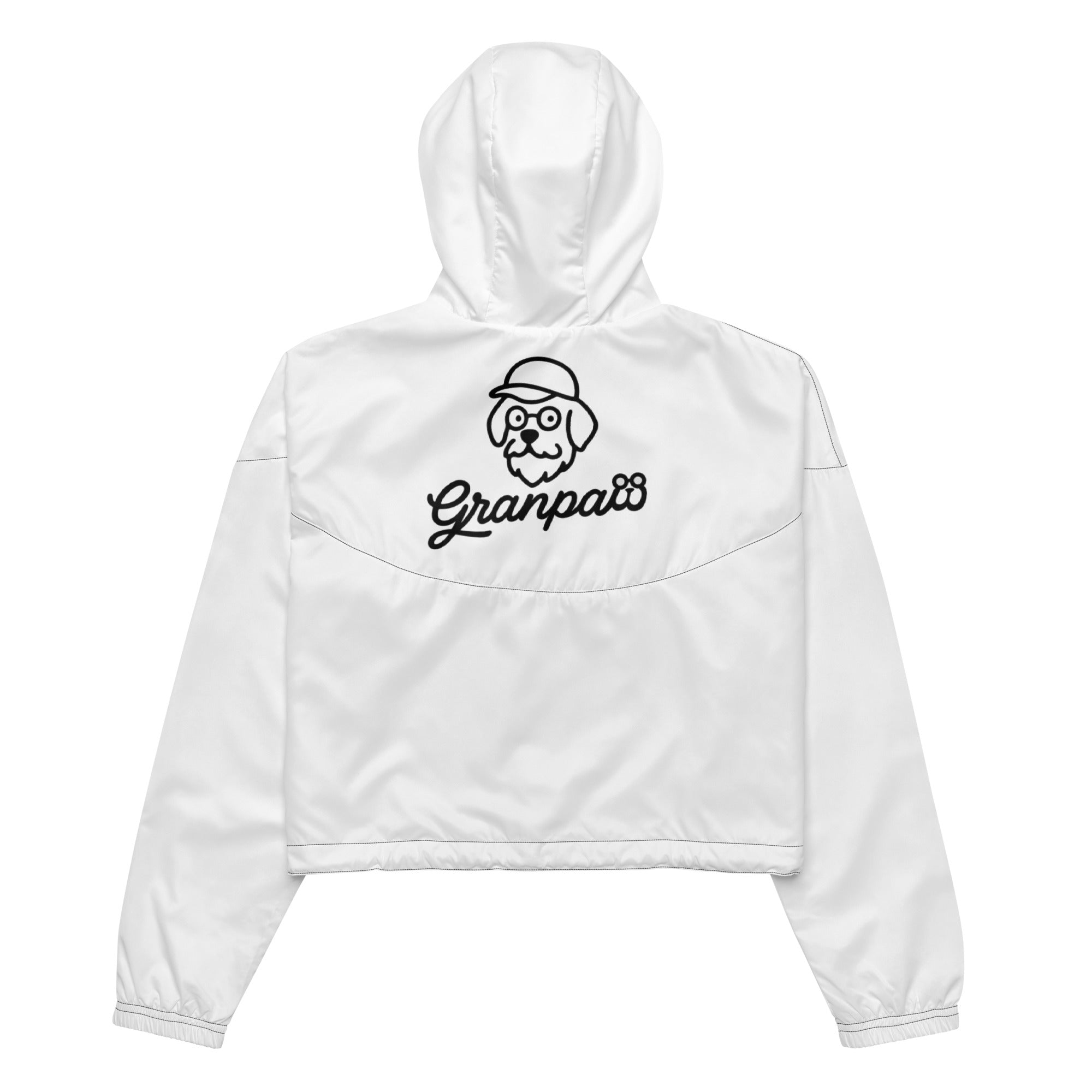 White cropped hoodie with 'Granpaw's' logo on a white background