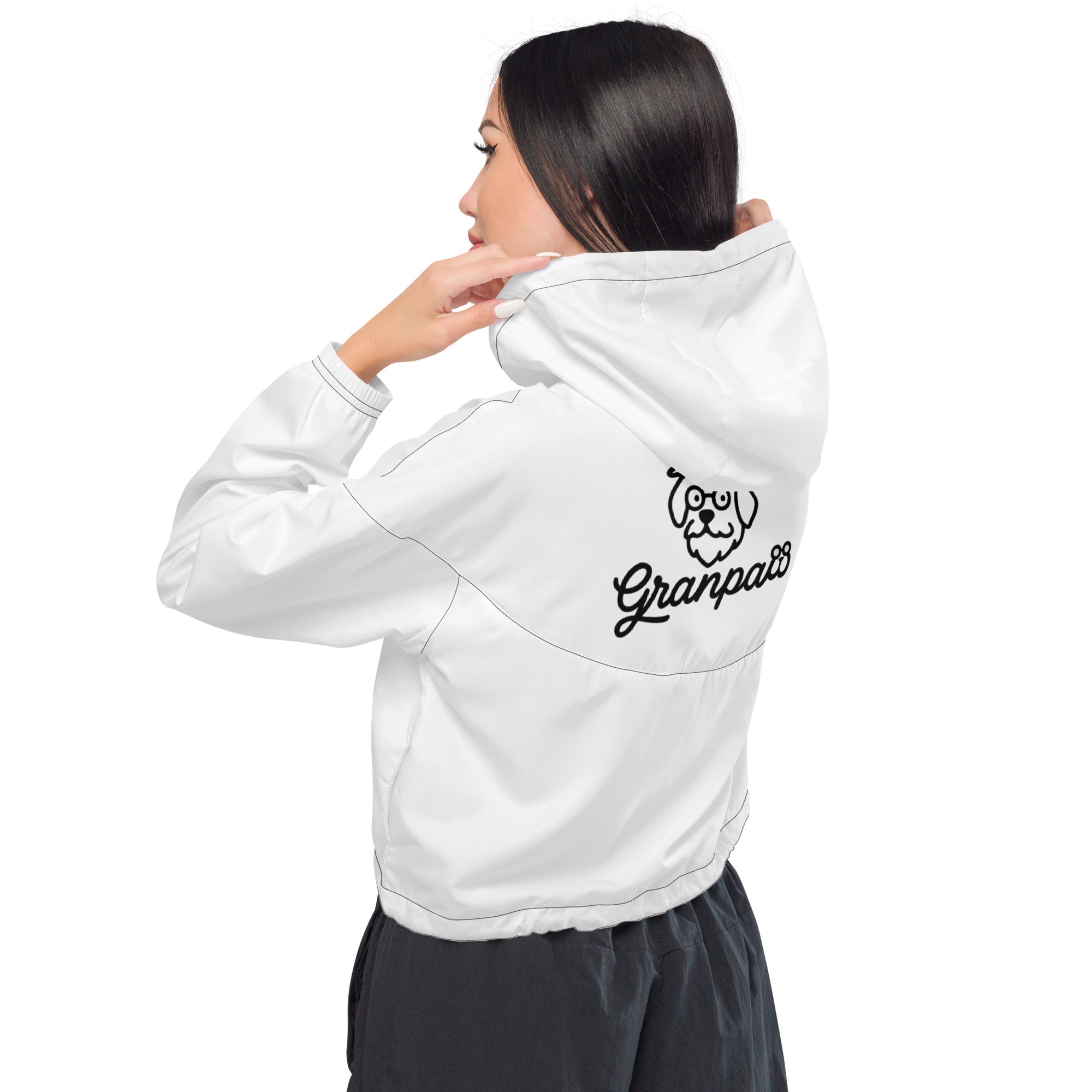 Person wearing a white hoodie with 'Granpaw' logo on the back, on a white background