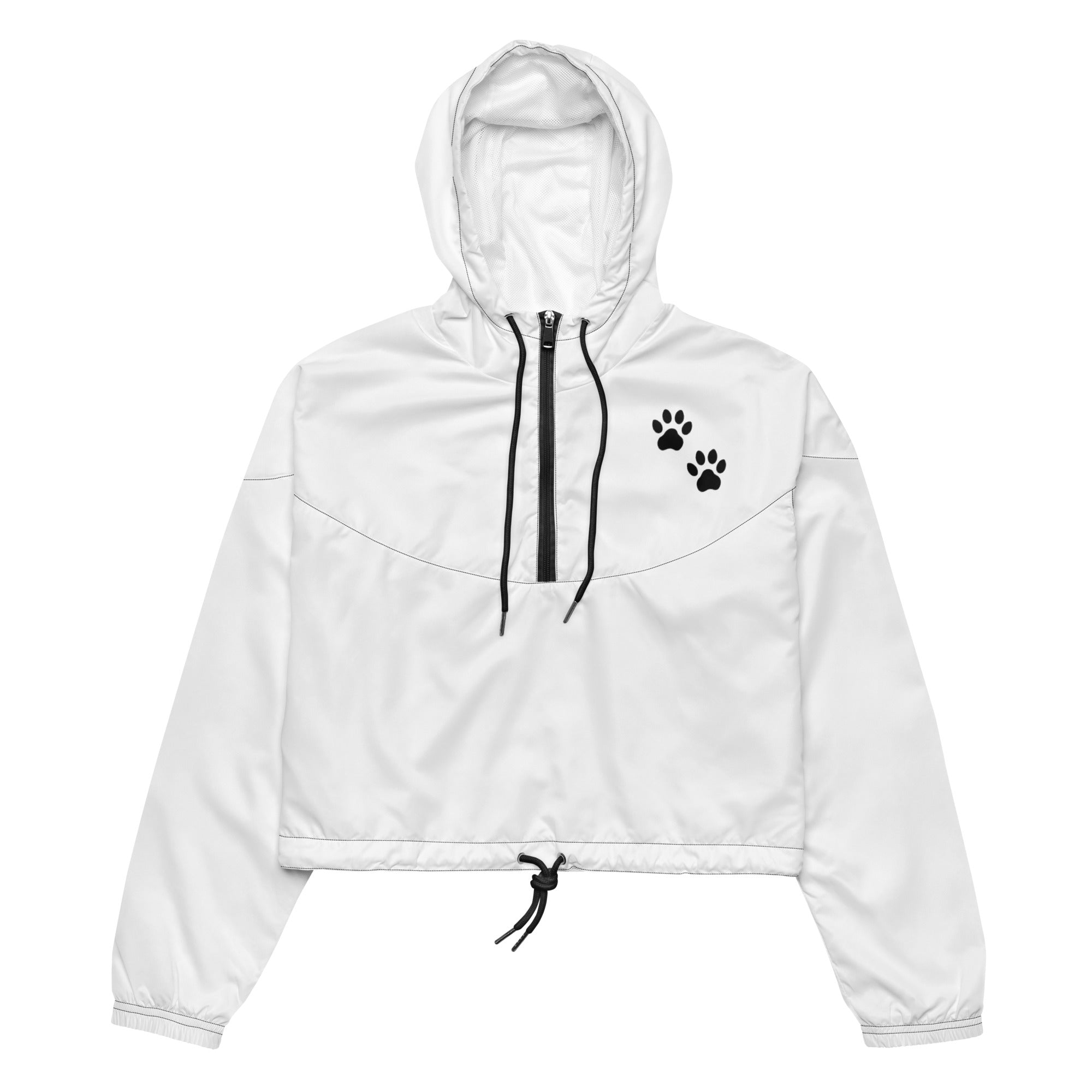White cropped hoodie with black paw print design on a white background