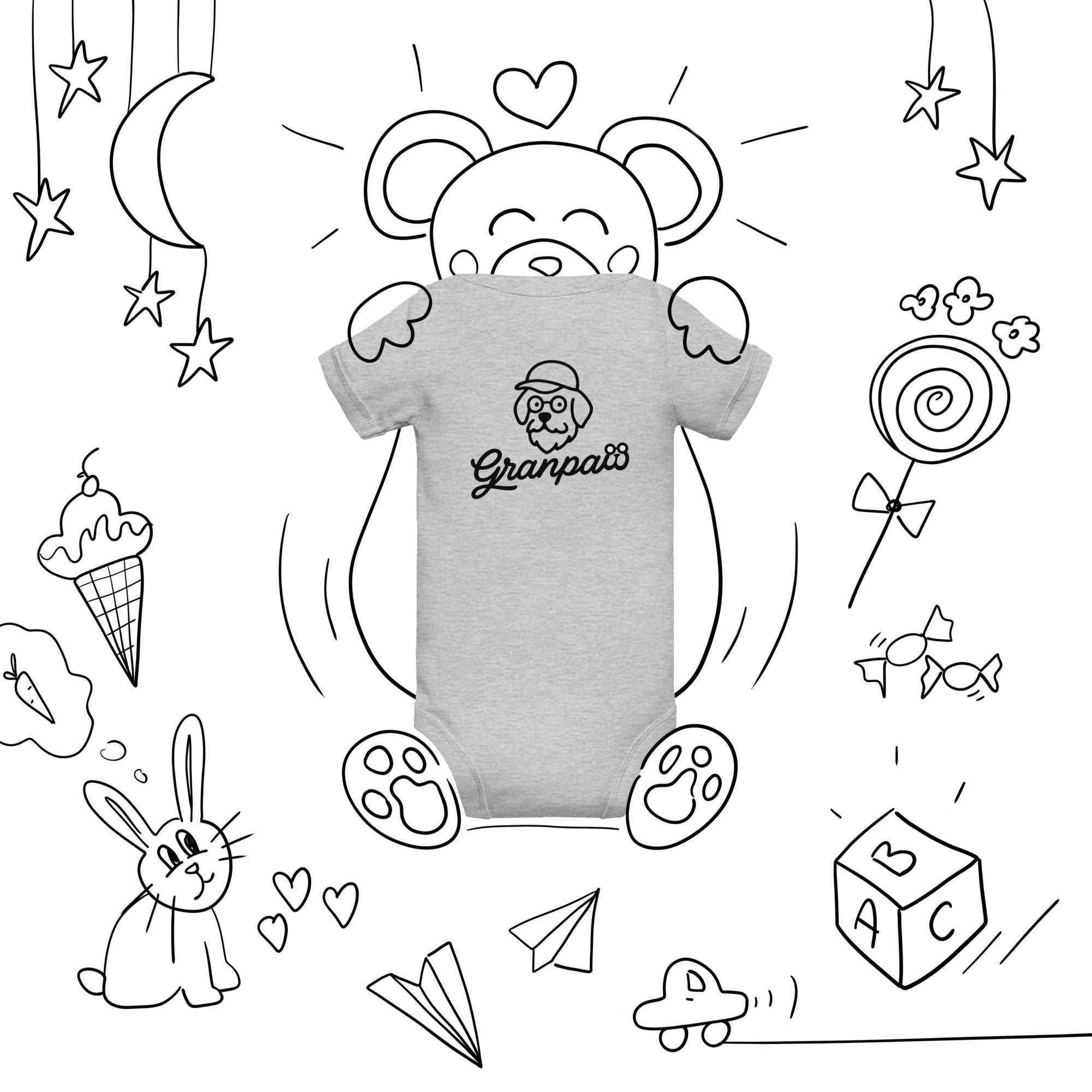 Gray t-shirt with 'Granpaw' design on a black and white background with doodles.