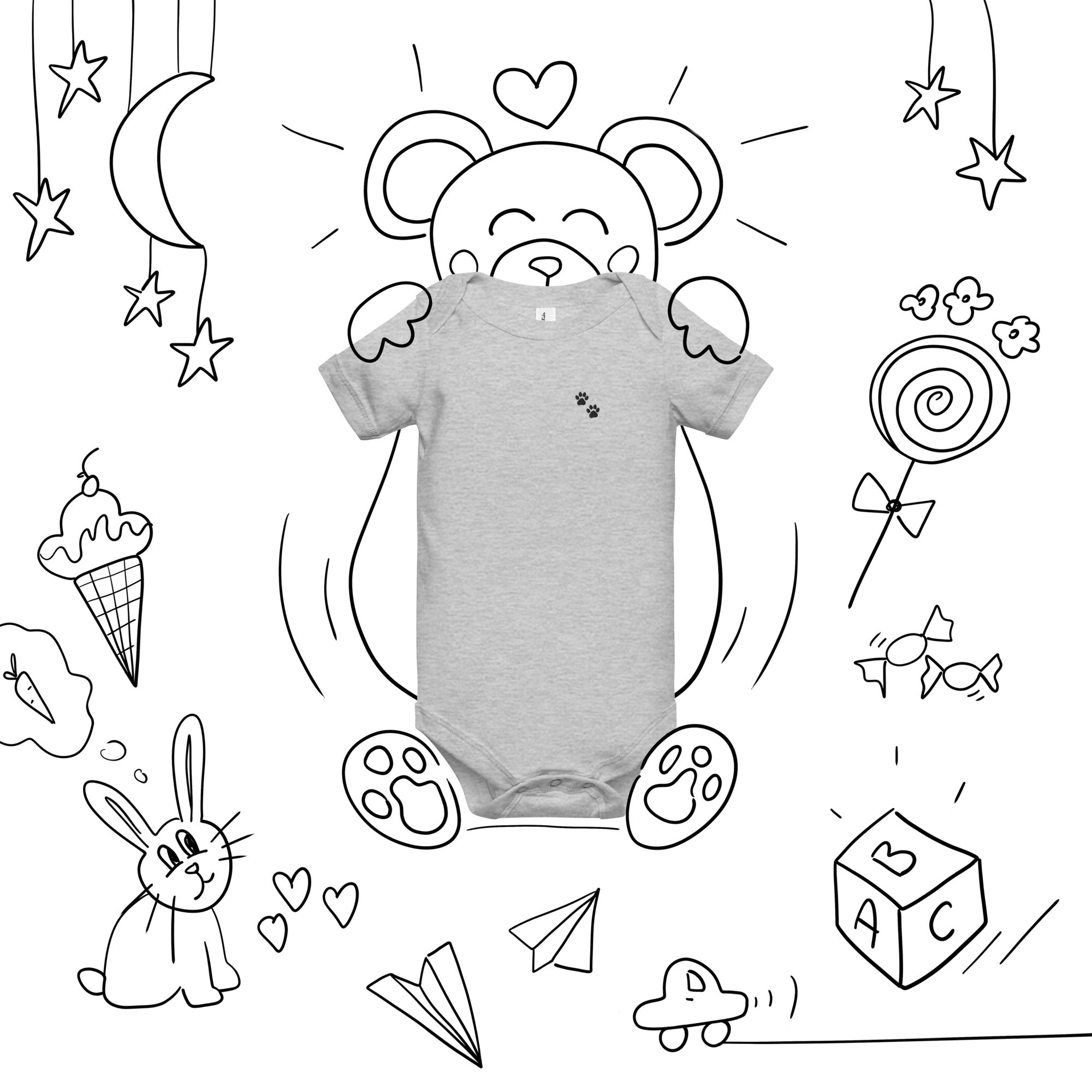 Gray baby onesie with cartoon illustrations on a white background