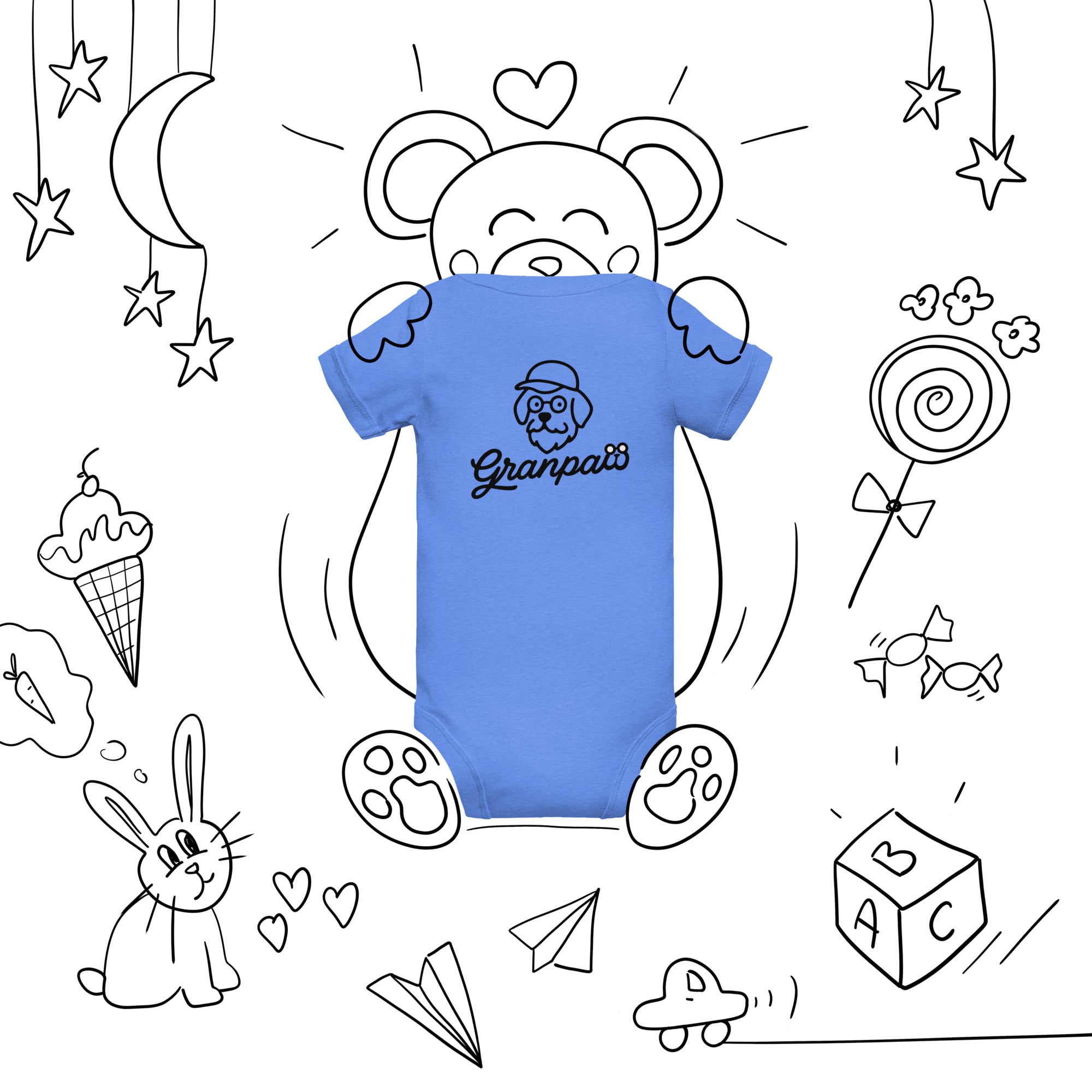 Blue t-shirt with 'Granpaw' logo on a black and white background with doodles.