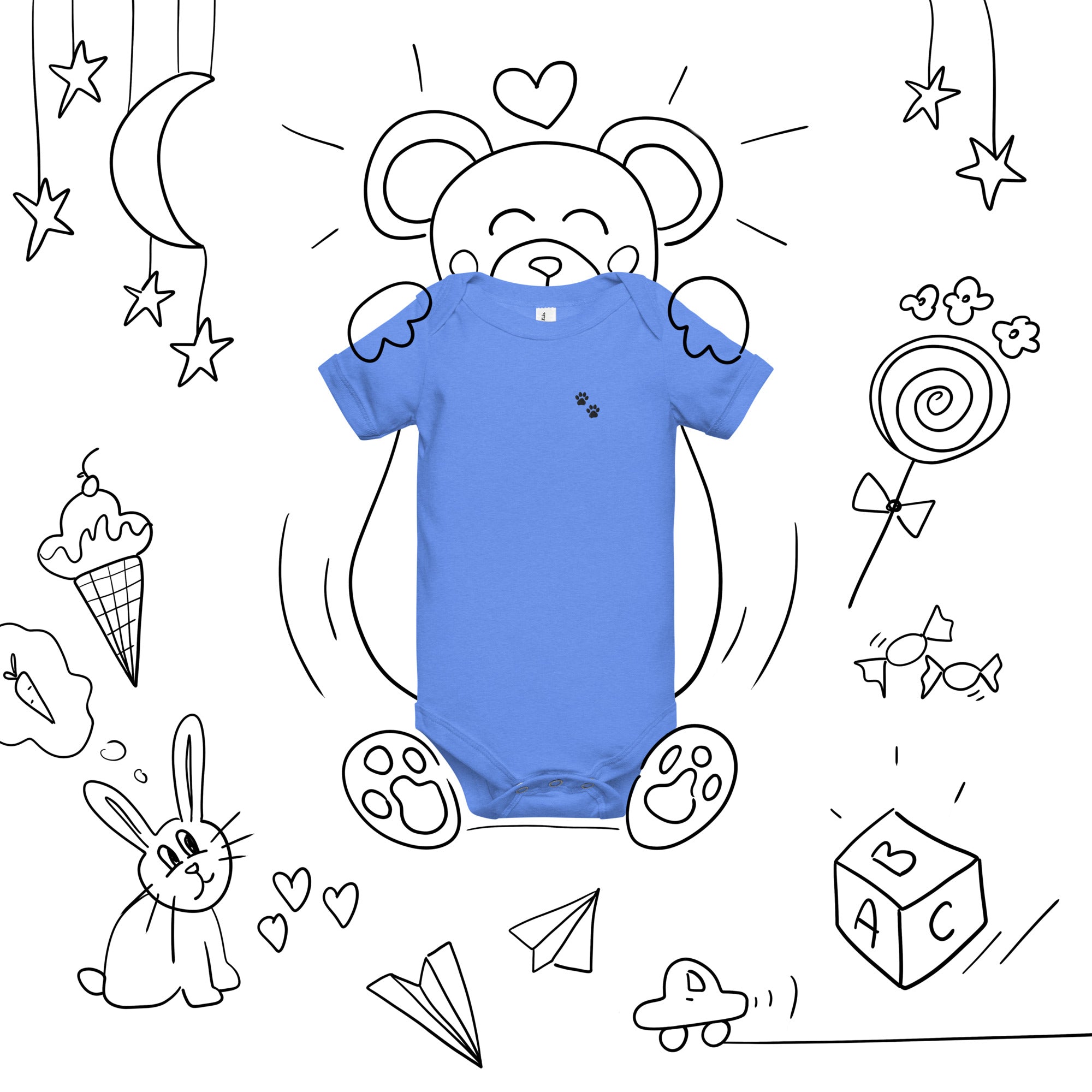 Blue baby onesie on a white background with black line drawings of a bear, ice cream, and other objects.
