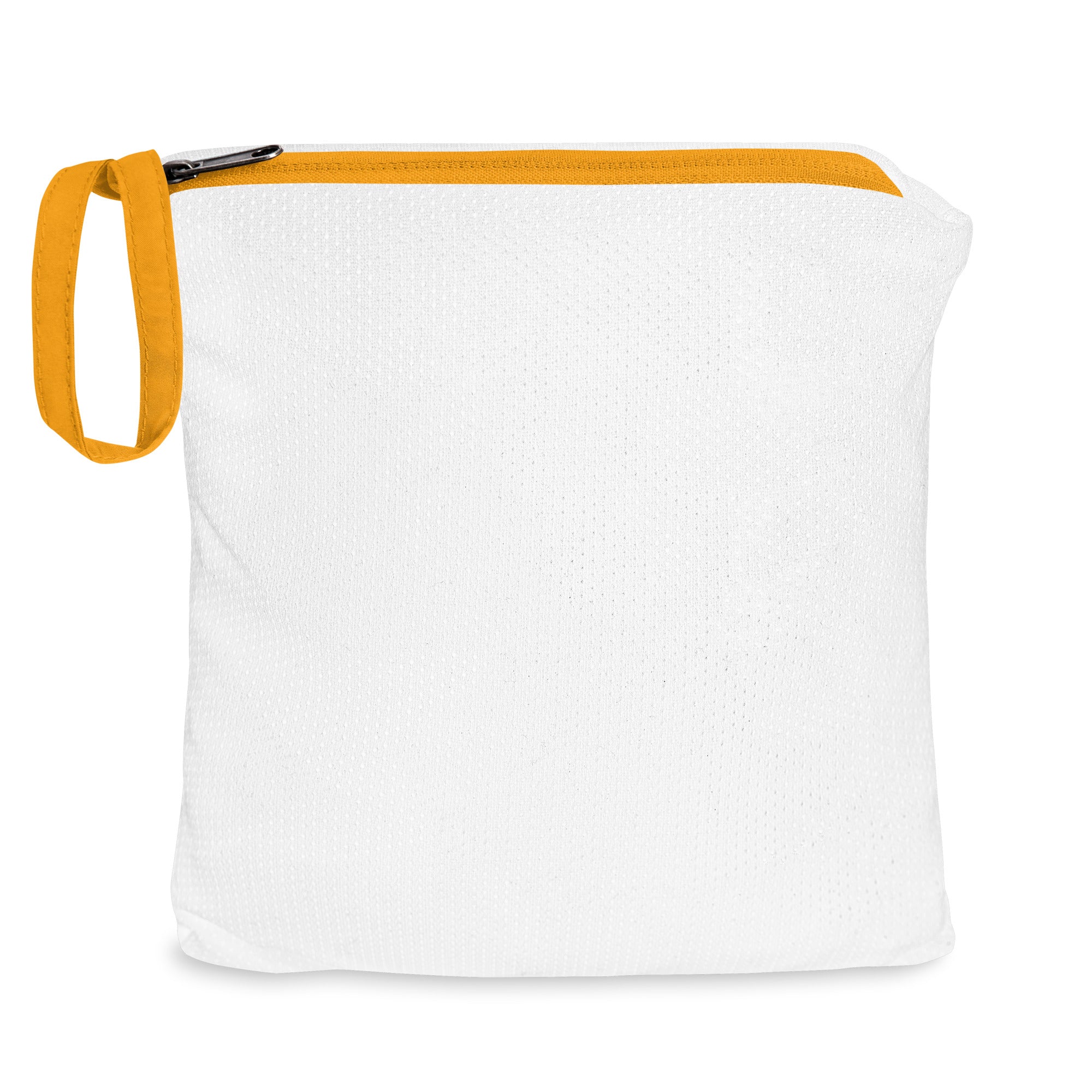 White pouch with orange zipper and handle on a white background