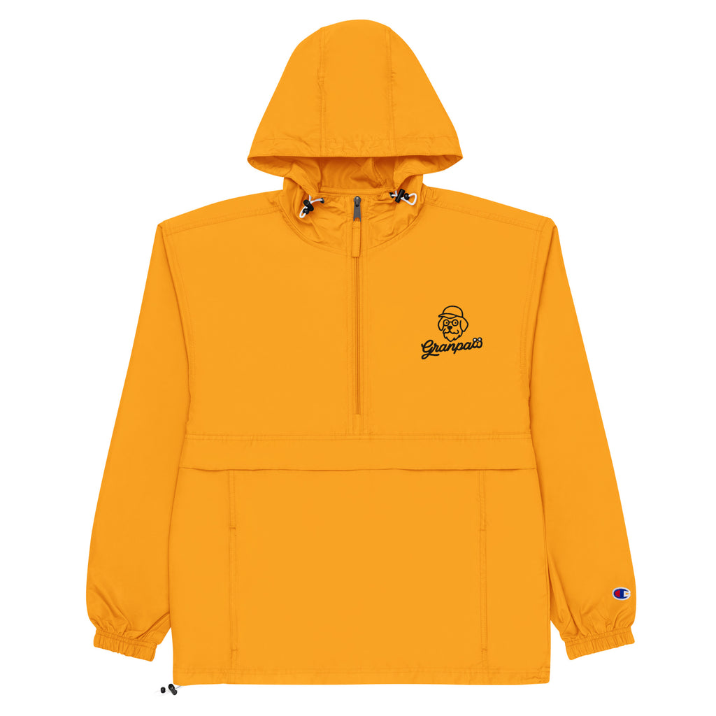 Orange jacket with a brand logo on a white background