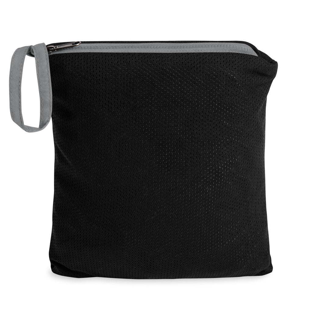 Black crossbody bag with gray strap on a white background