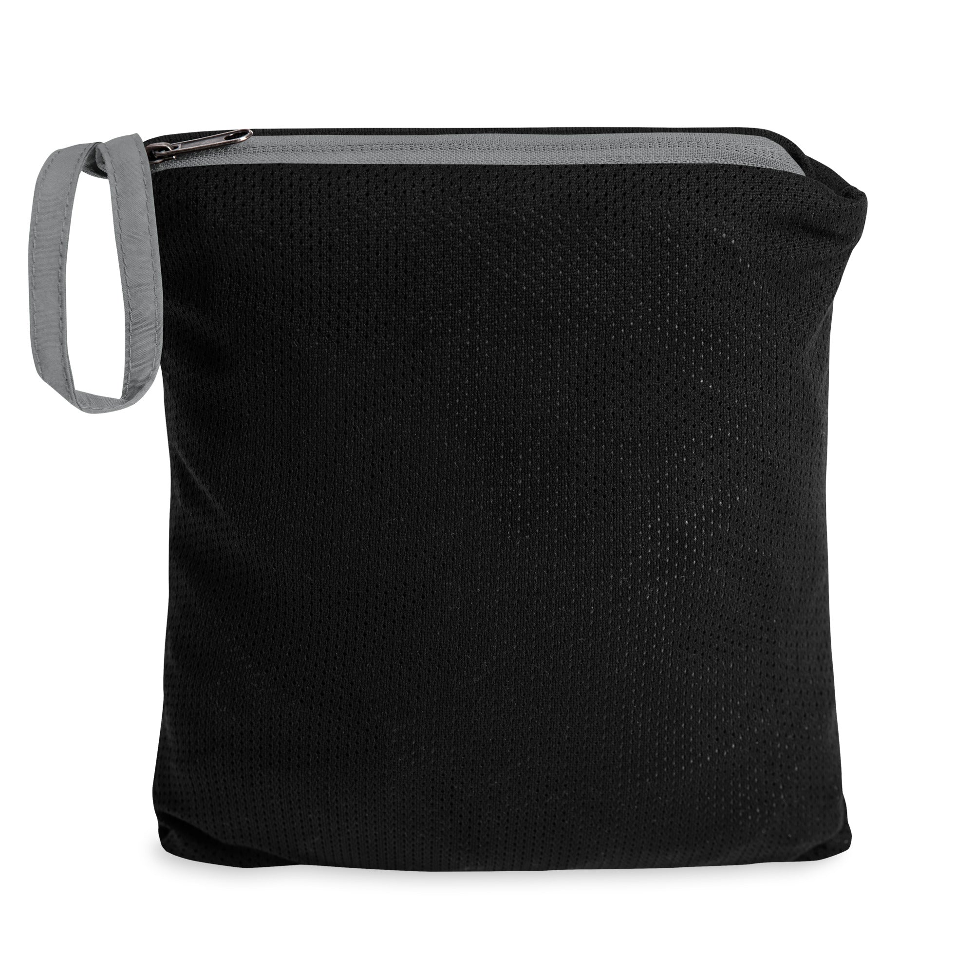 Black crossbody bag with gray strap on a white background