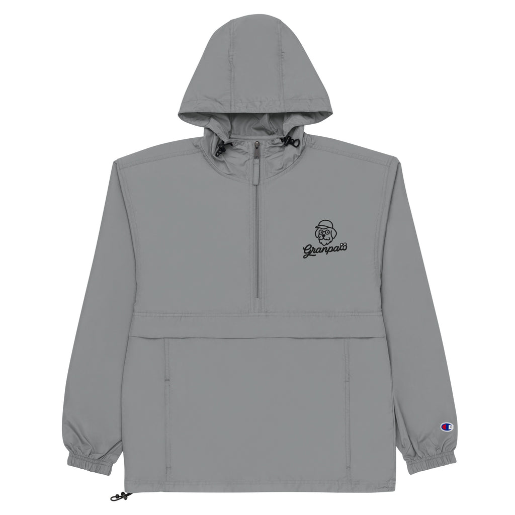 Gray hooded jacket with a brand logo on a white background