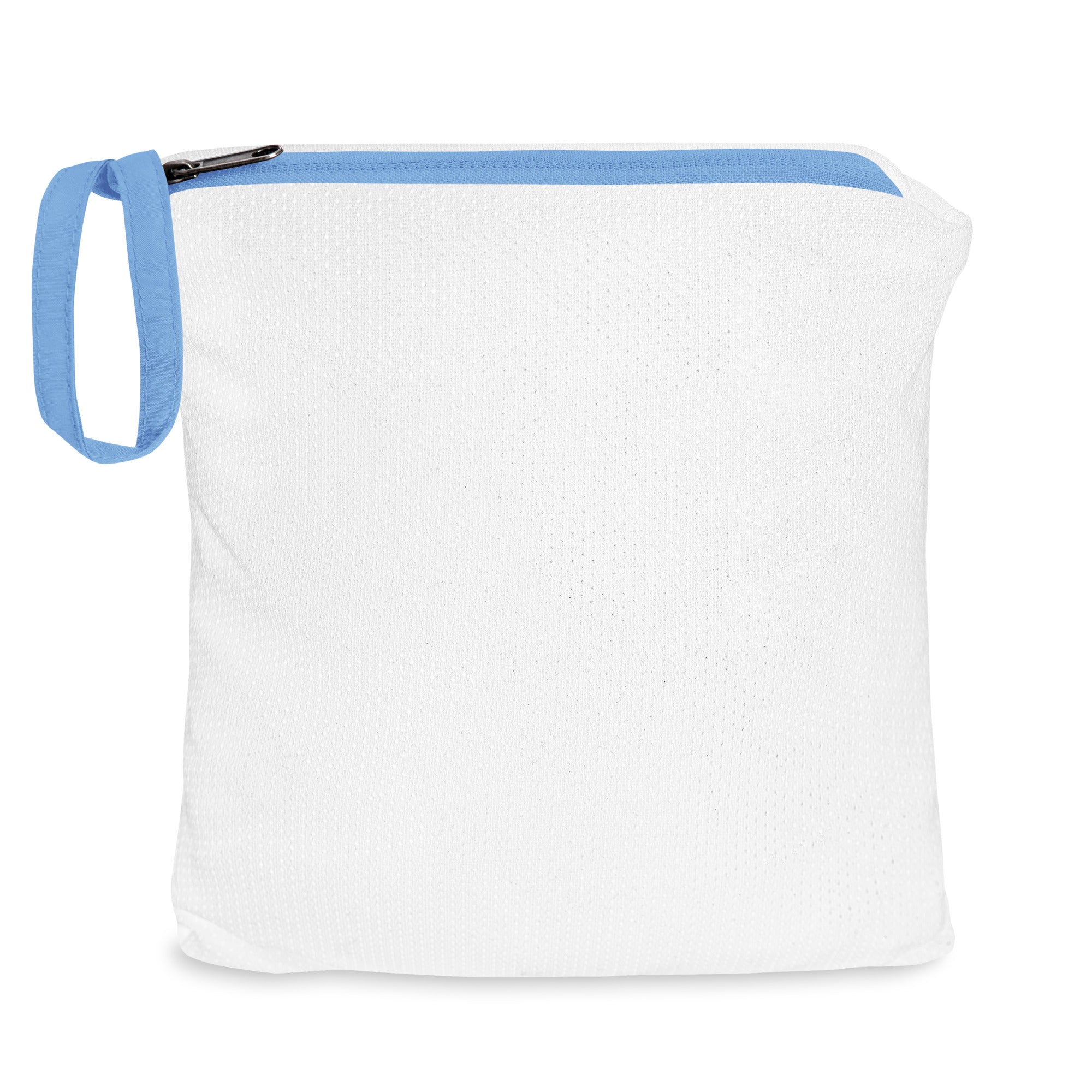 White pouch with blue zipper and handle on a white background