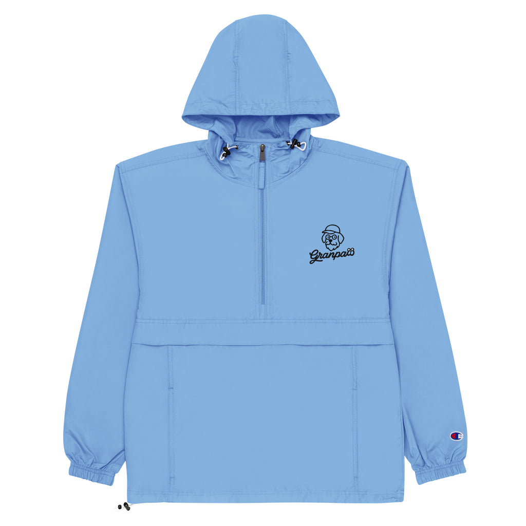 Light blue hooded jacket with a brand logo on a white background