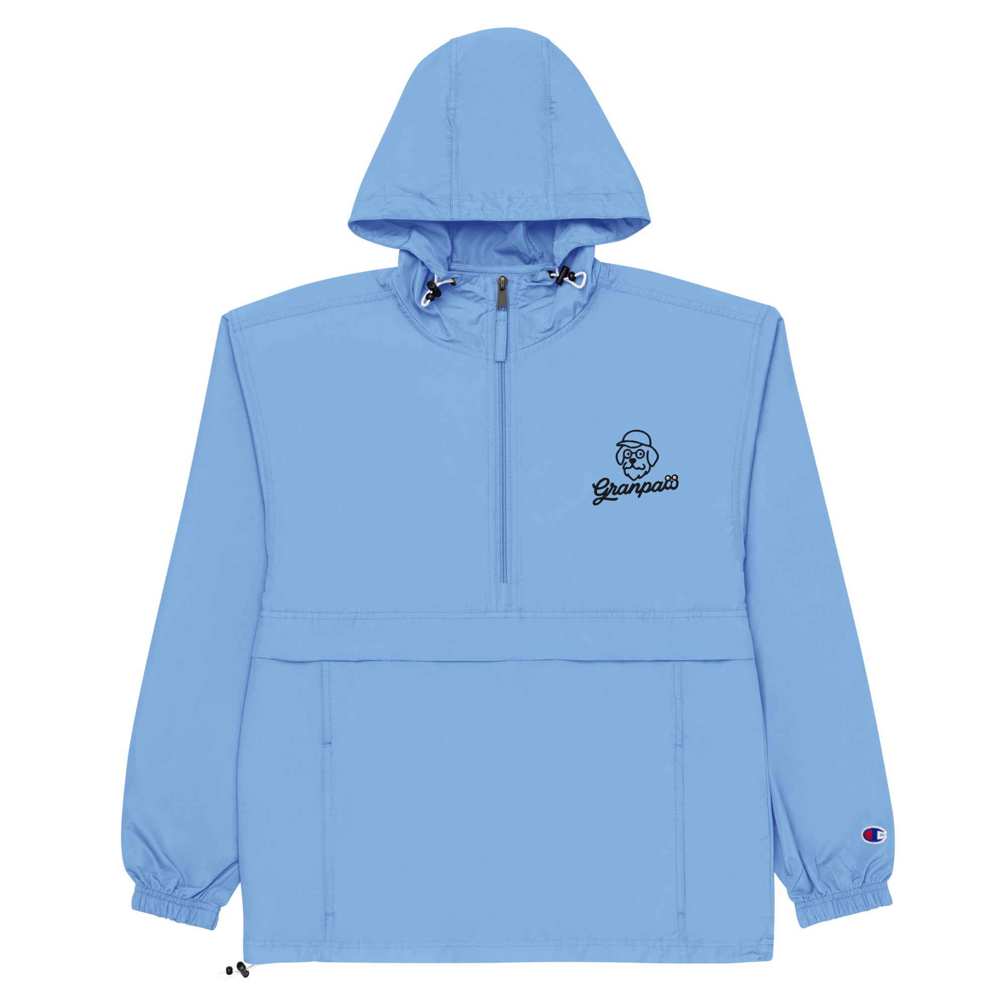 Light blue hooded jacket with a brand logo on a white background
