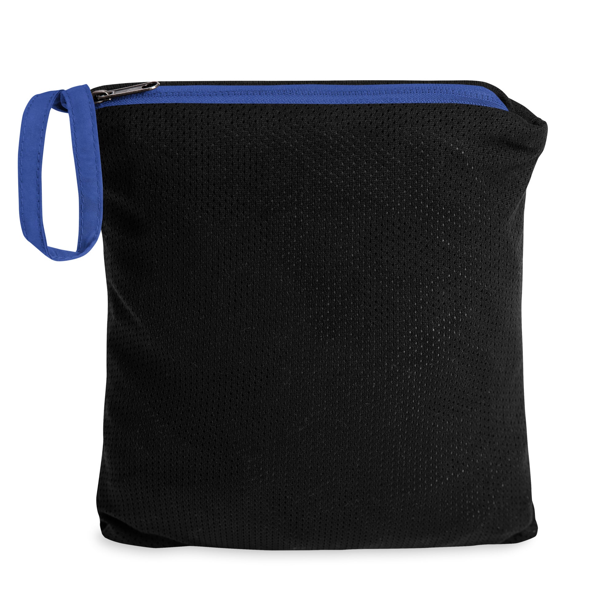 Black bag with a blue zipper on a white background