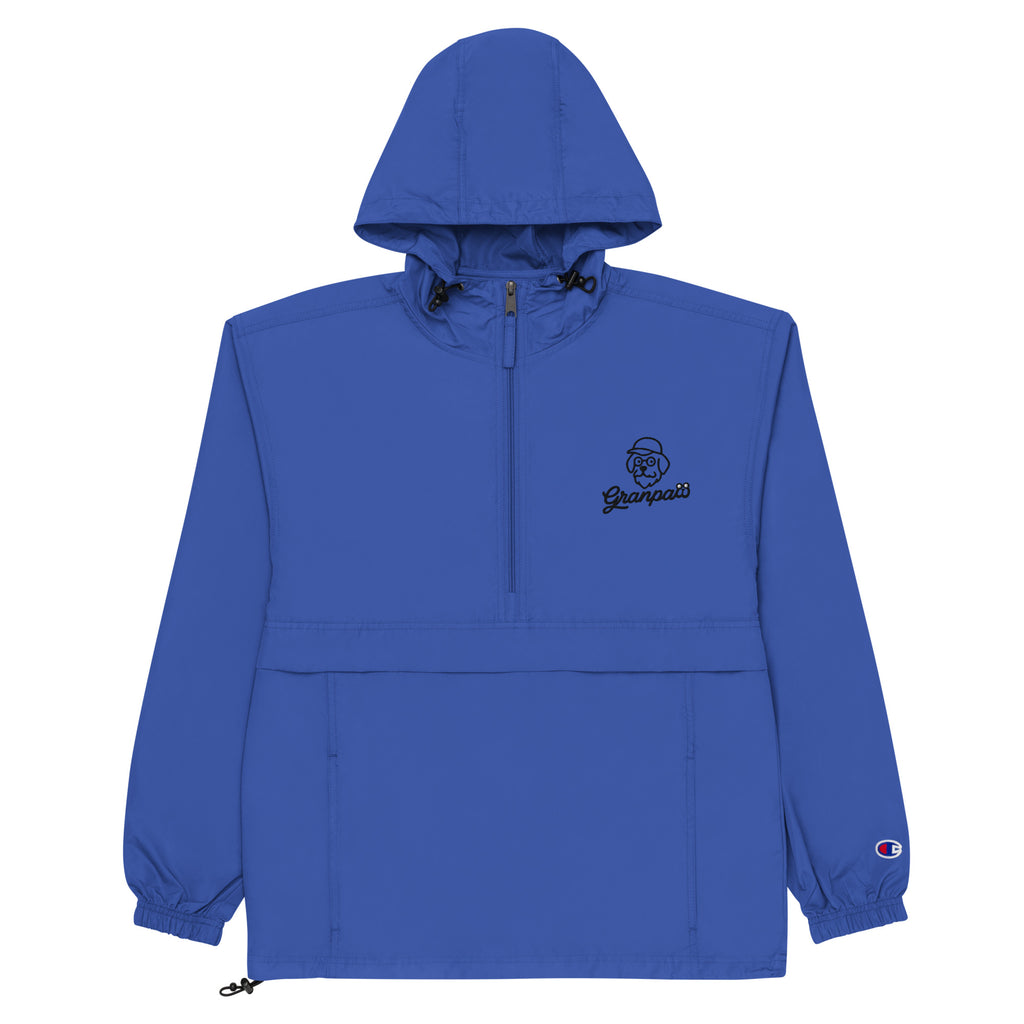 Blue hooded jacket with a brand logo on a white background
