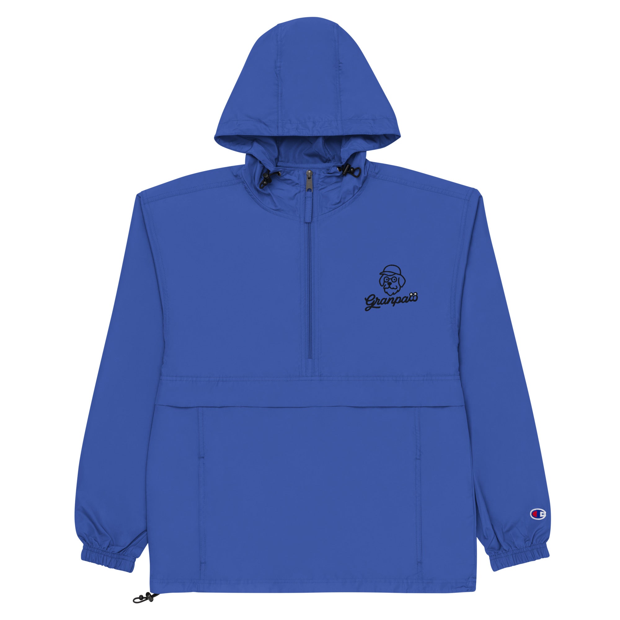 Blue hooded jacket with a brand logo on a white background