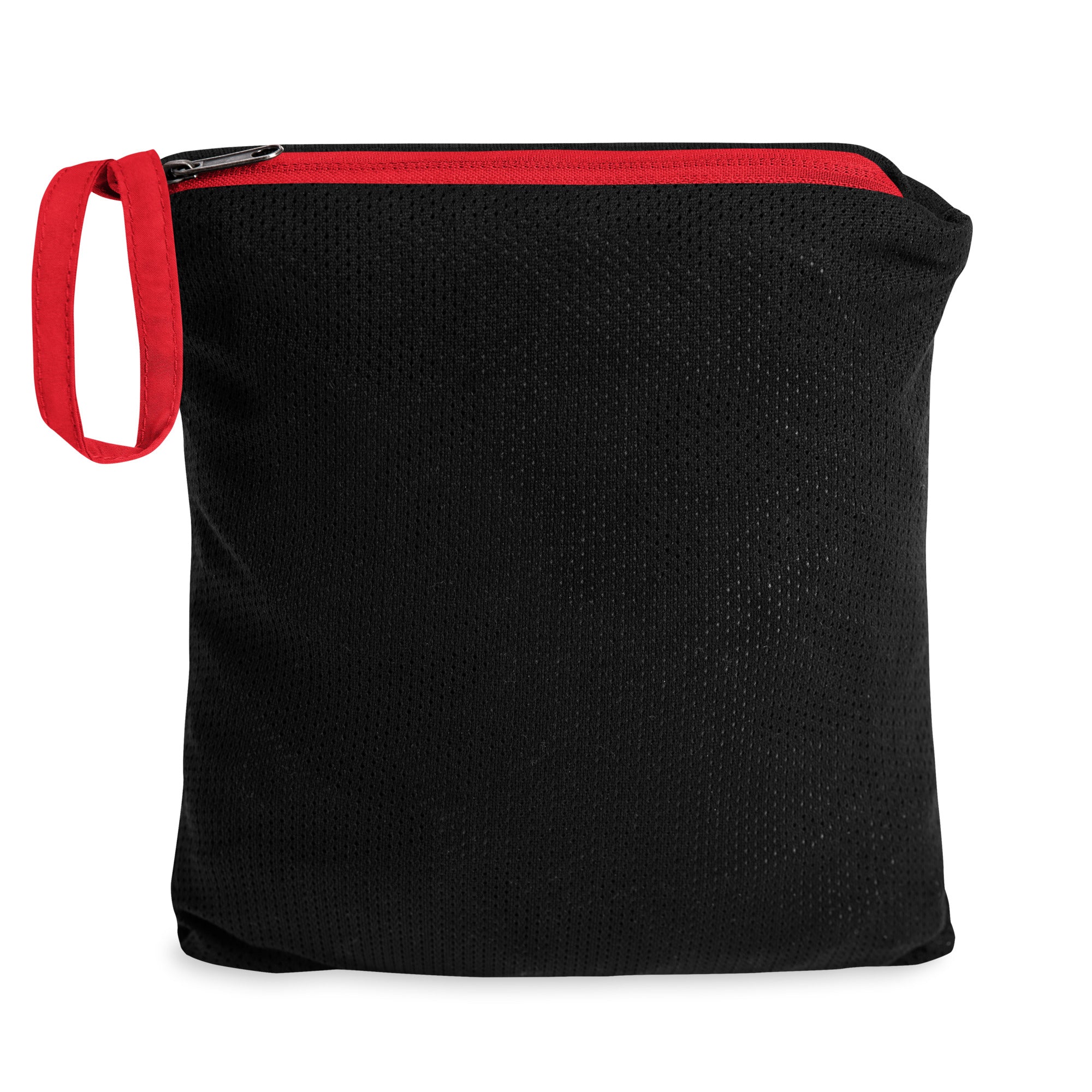 Black pouch with red zipper on a white background