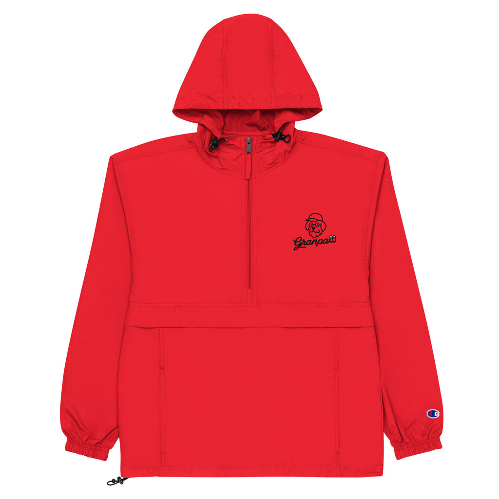 Red hooded jacket with a brand logo on a white background