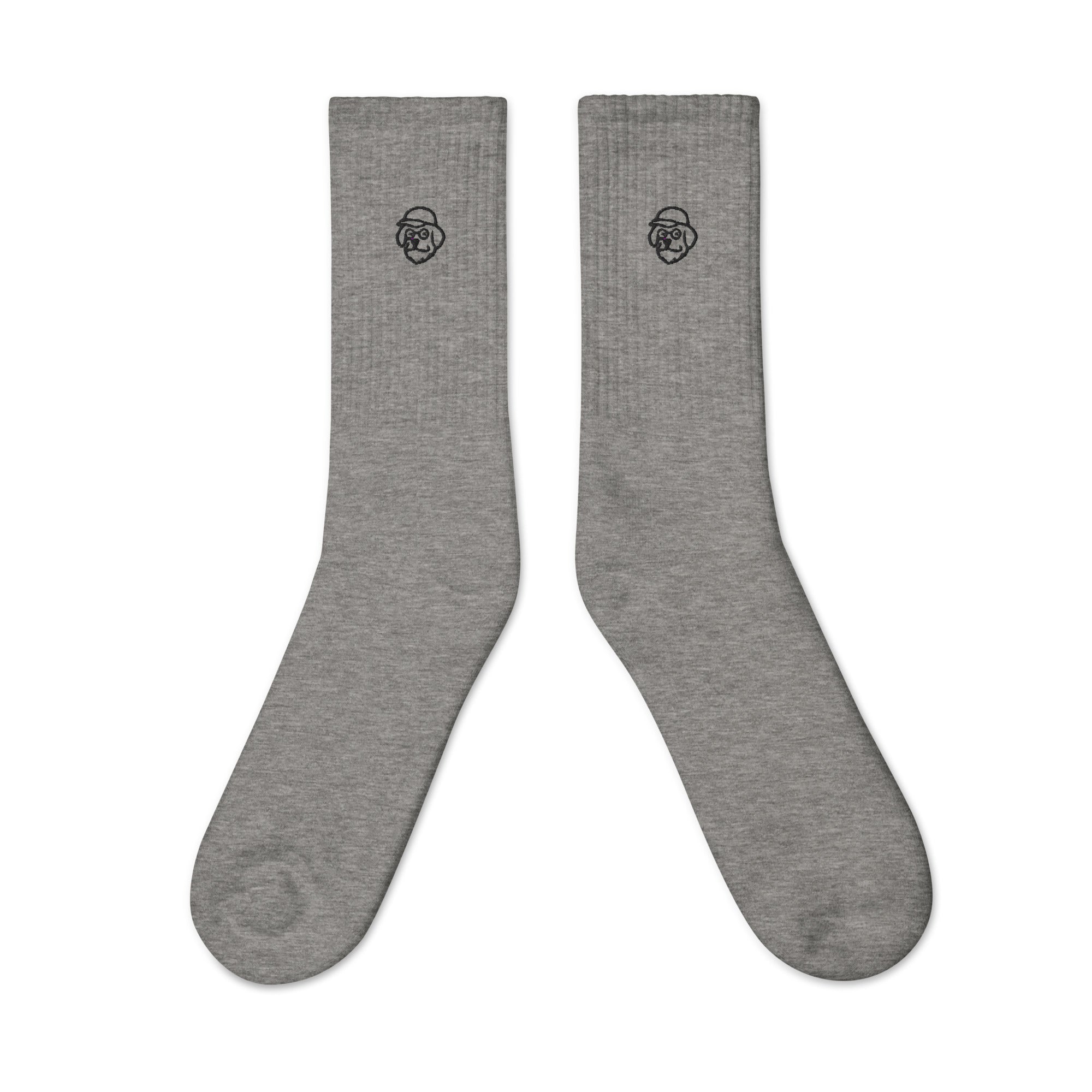 Pair of gray socks with a logo on a white background