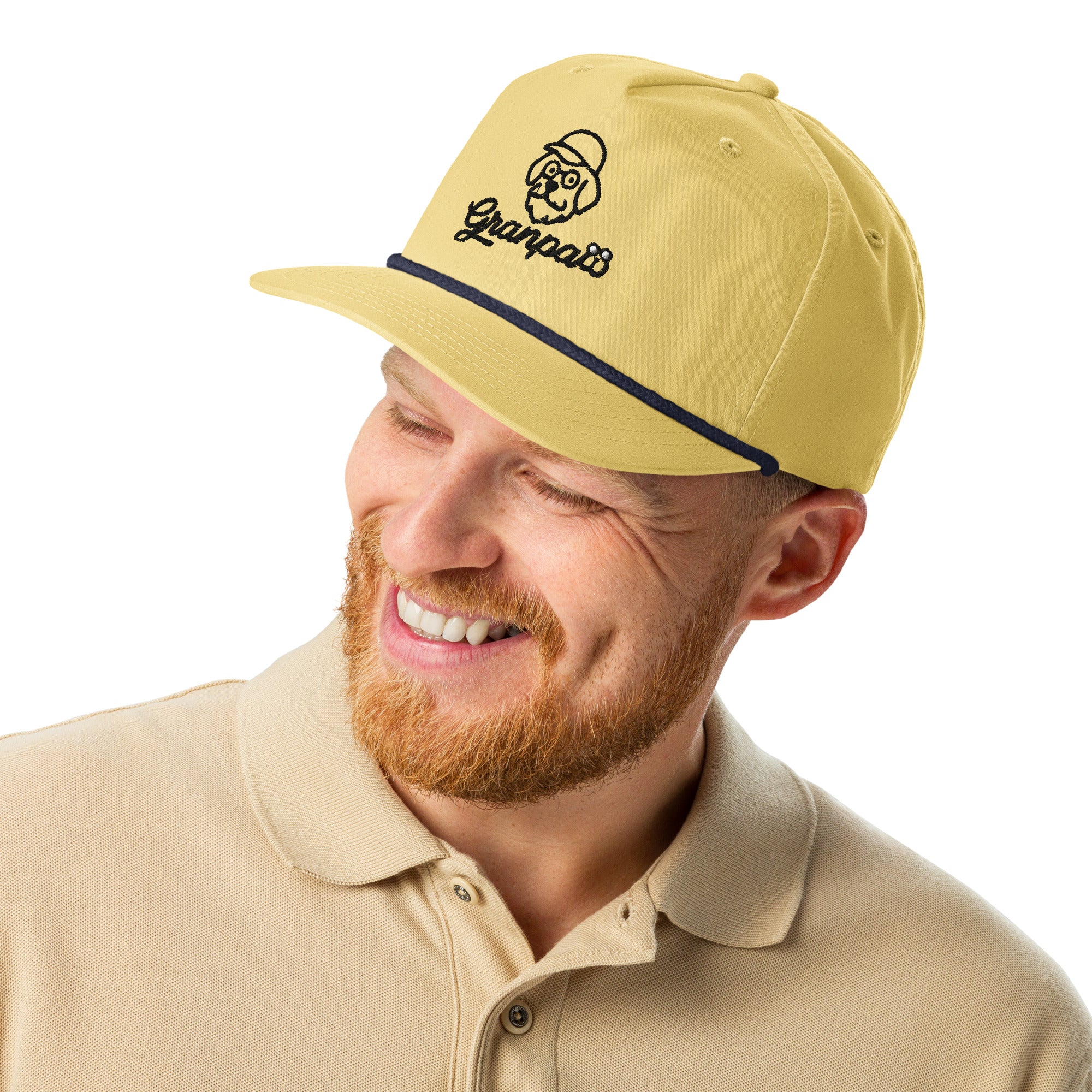 Man wearing a beige cap with a logo on a white background