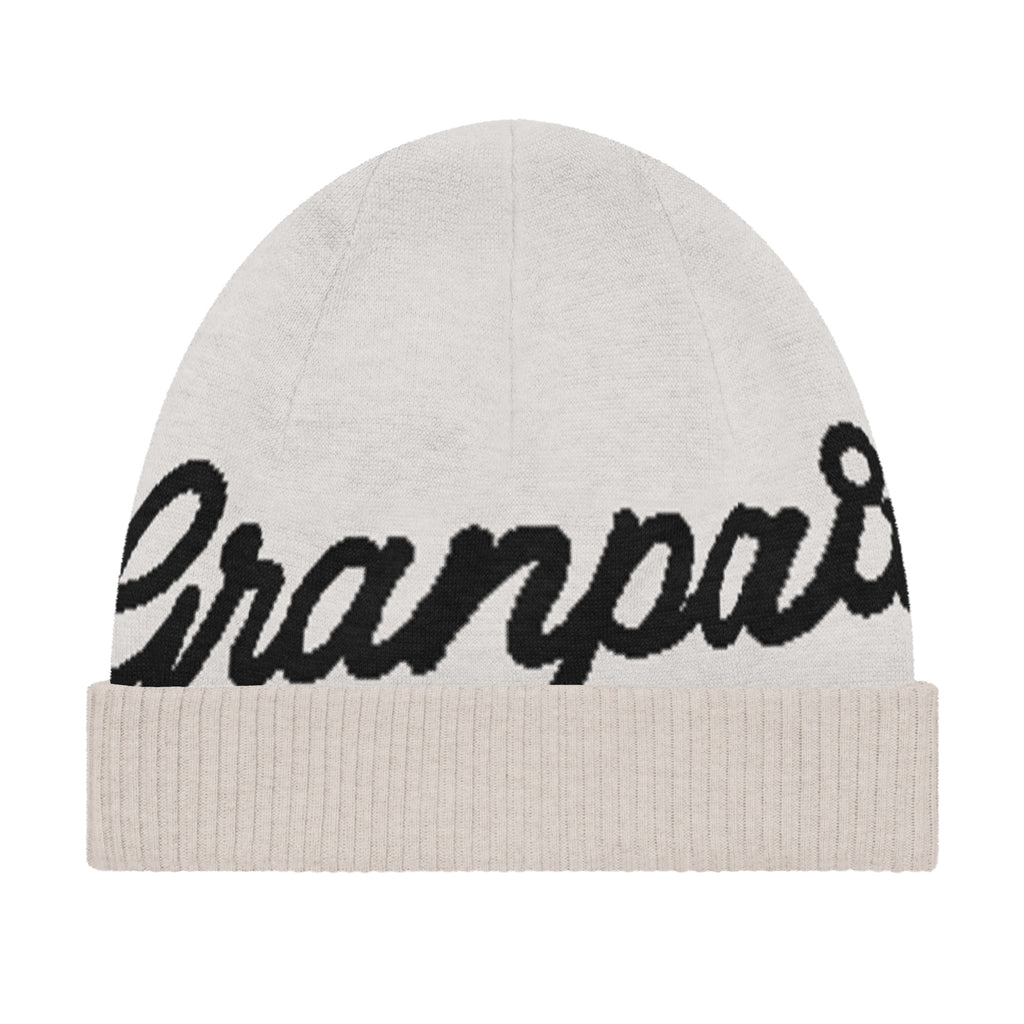 Gray beanie with 'granpaw' branding on a white background.