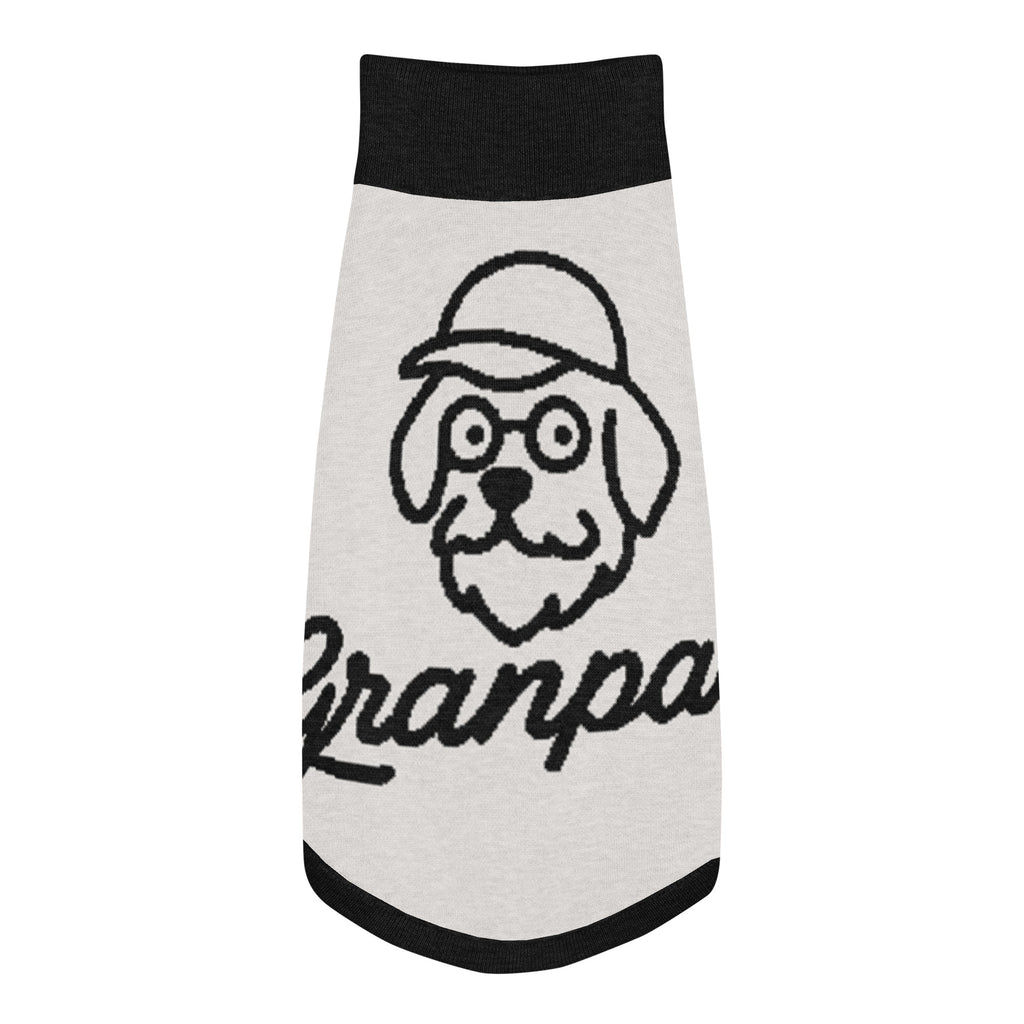 Dog sweater with a graphic of a dog wearing a cap and the word 'Granpaw' on a white background