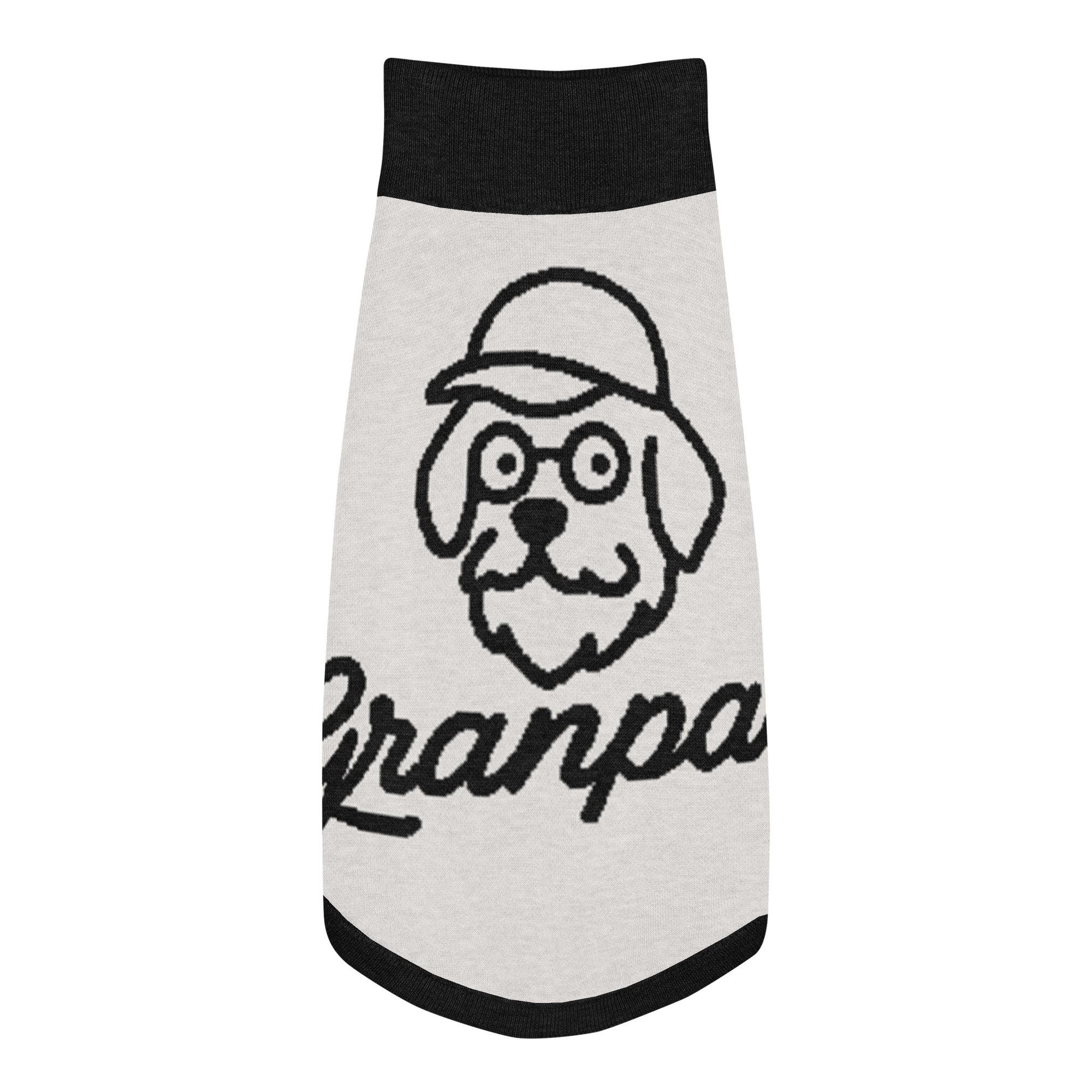 Dog sweater with a graphic of a dog wearing a cap and the word 'Granpaw' on a white background