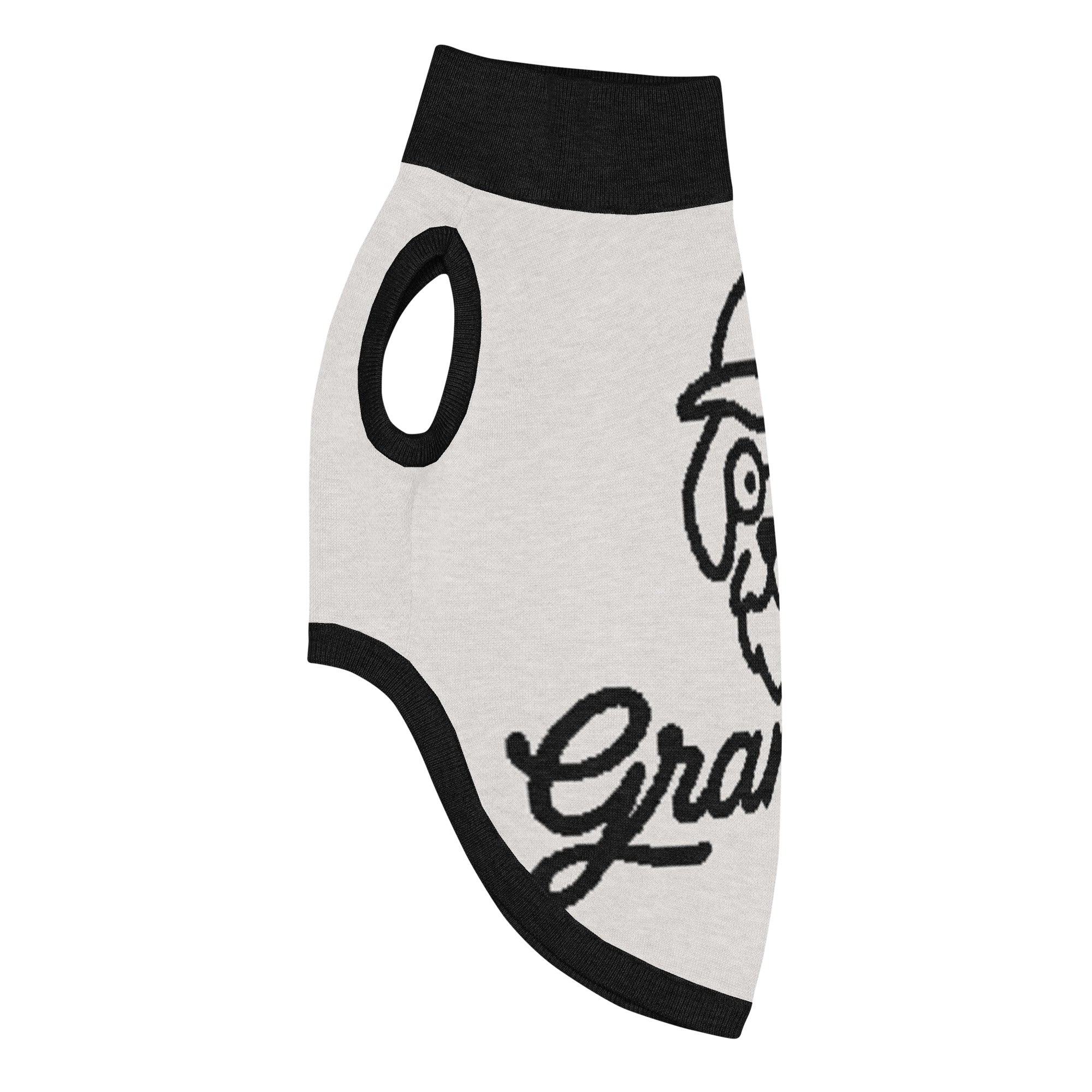 Dog coat with black text and design on a white background