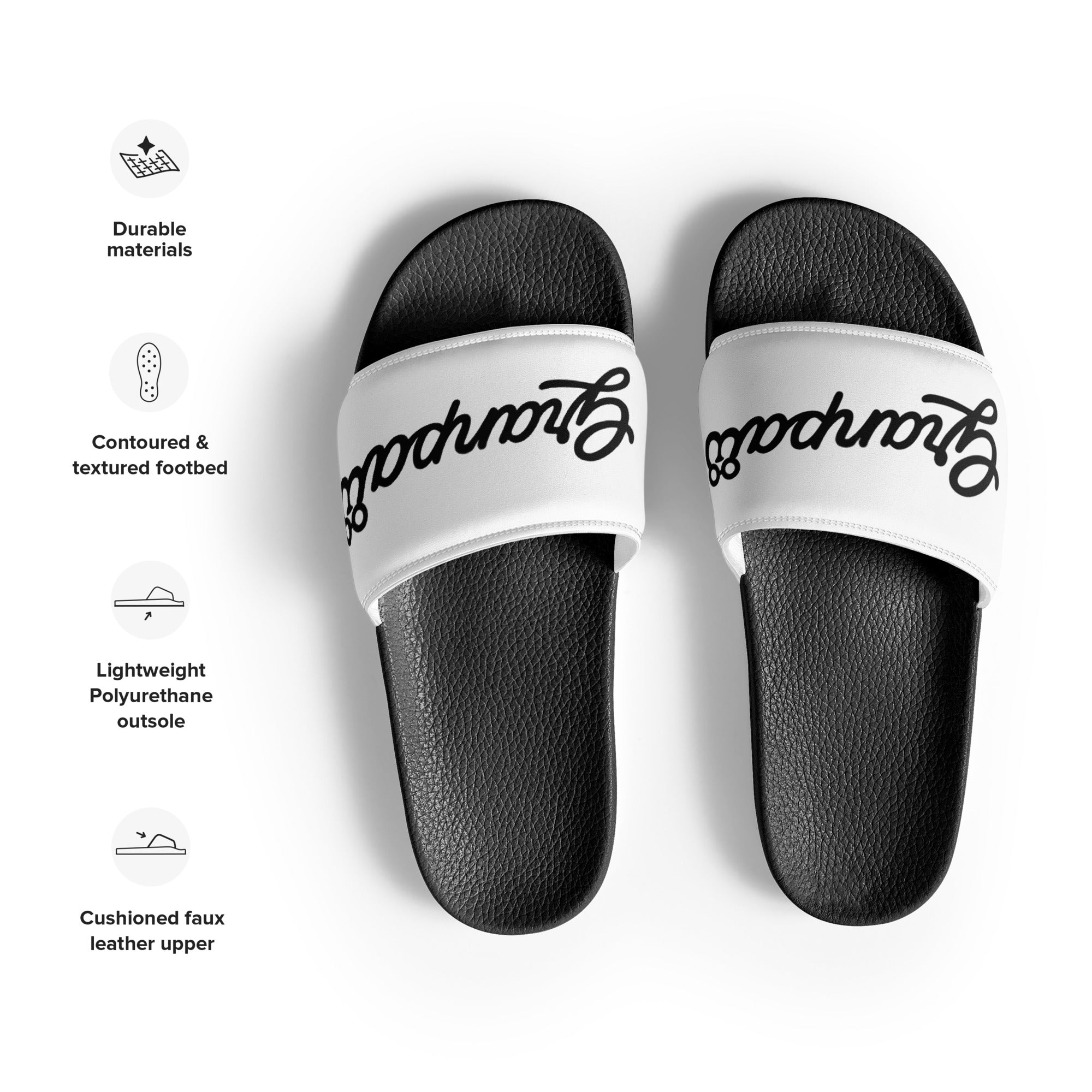 Black and white slides with brand logo on a white background