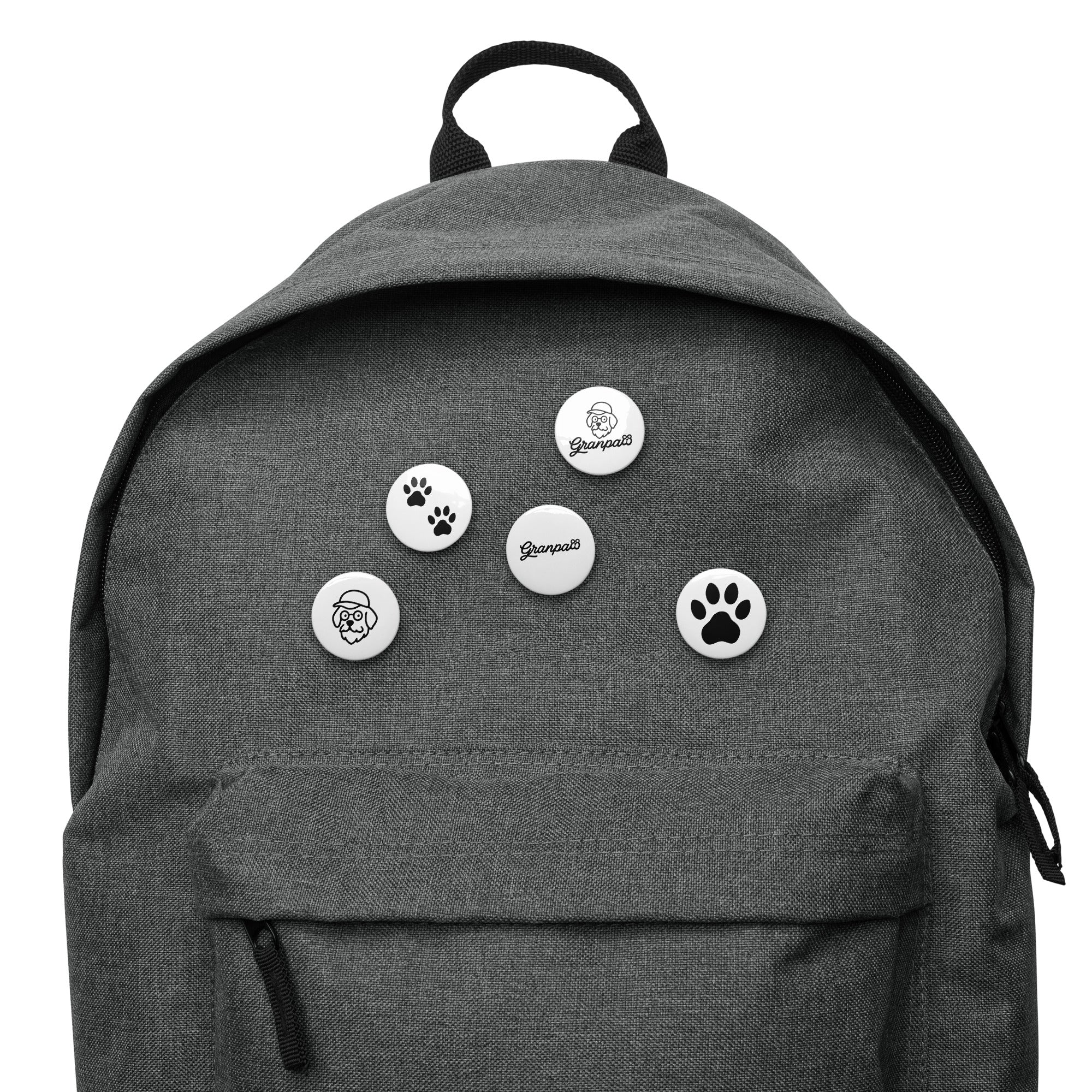 Gray backpack with five white buttons featuring paw prints and a brand logo on a white background