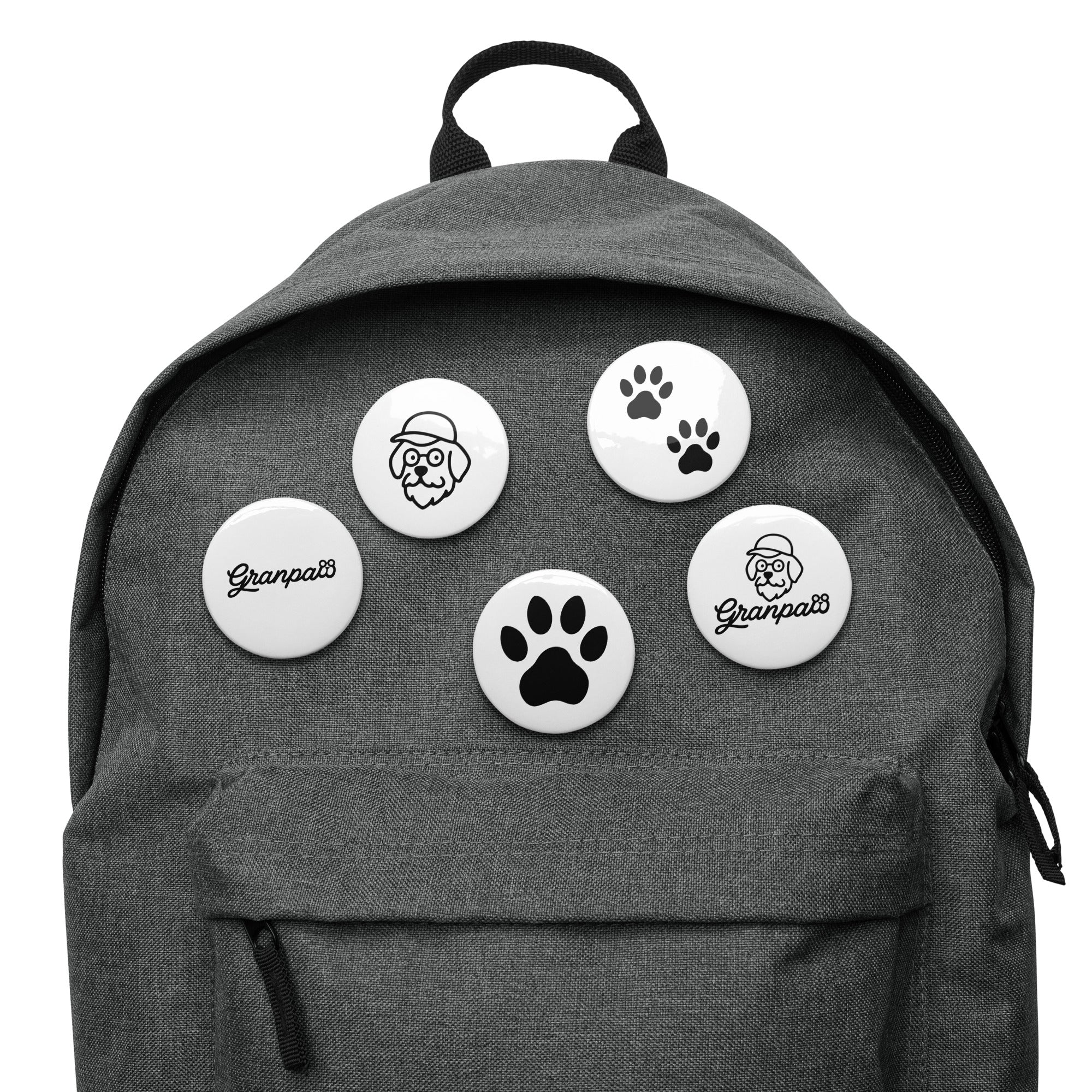 Gray backpack with five round stickers featuring paw prints and 'Granpato' branding on a white background.