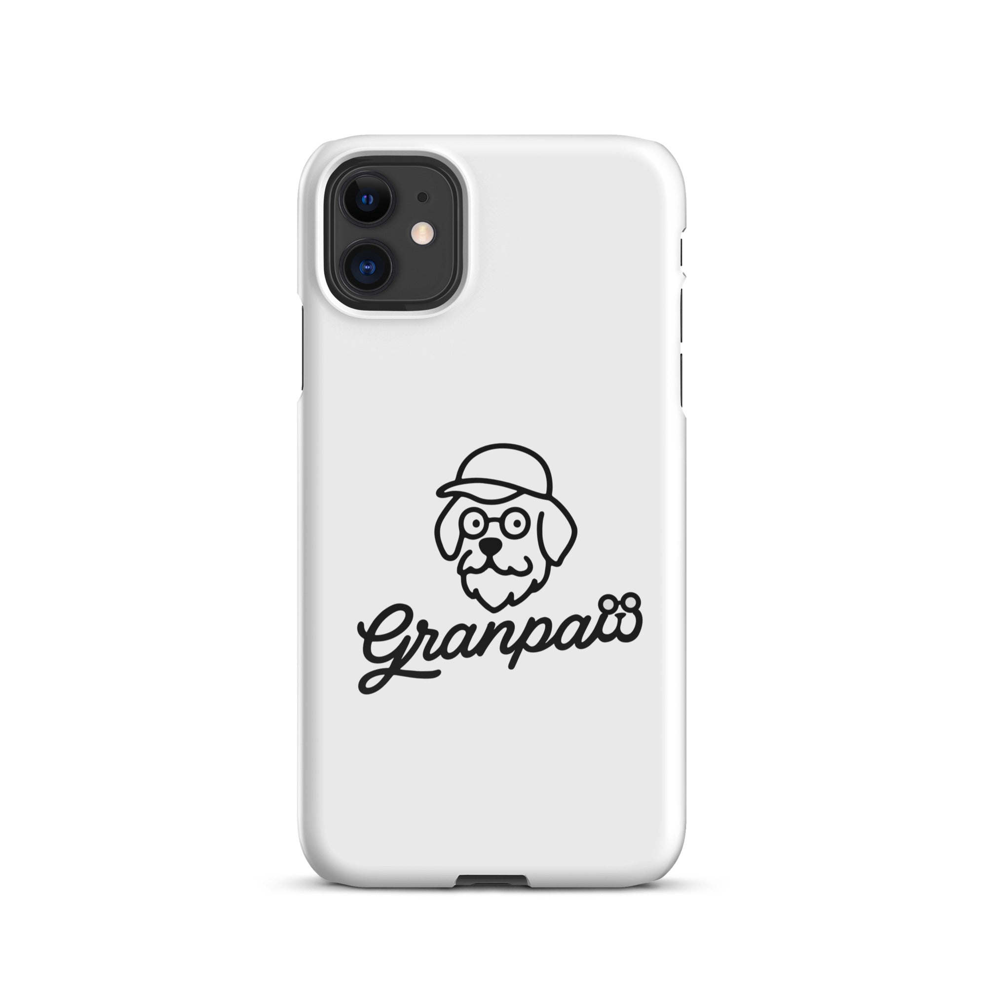 Phone case with a dog illustration and 'Granpaw' text on a white background