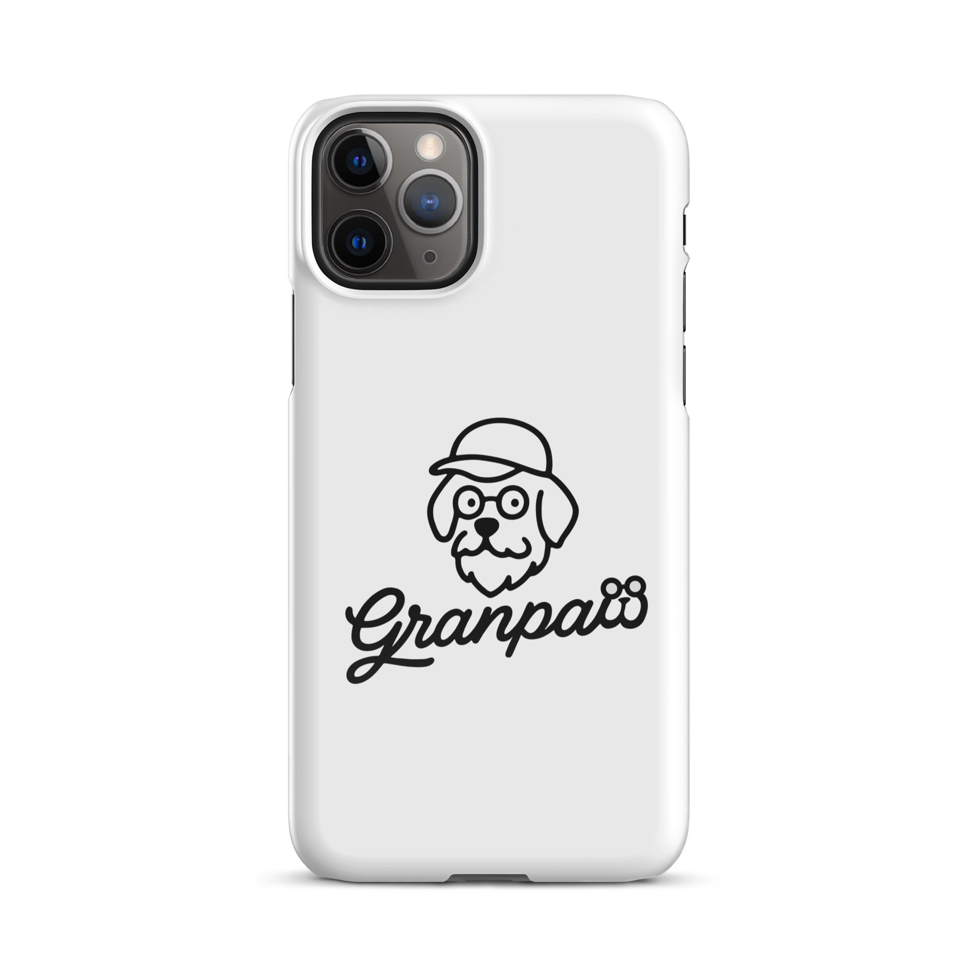 White phone case with a dog illustration and 'Granpaw' text on a white background