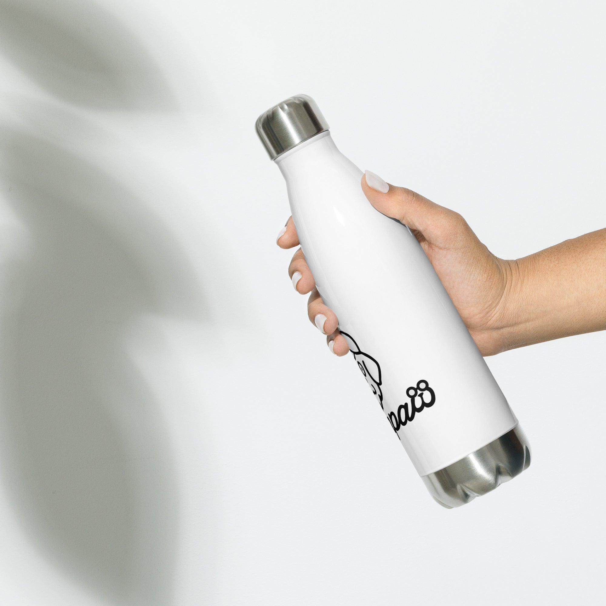 White water bottle with black text held by a hand on a light gray background