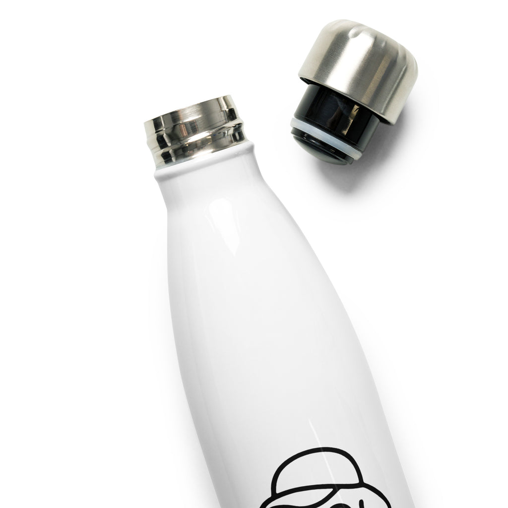 White water bottle with silver cap and black base on a white background