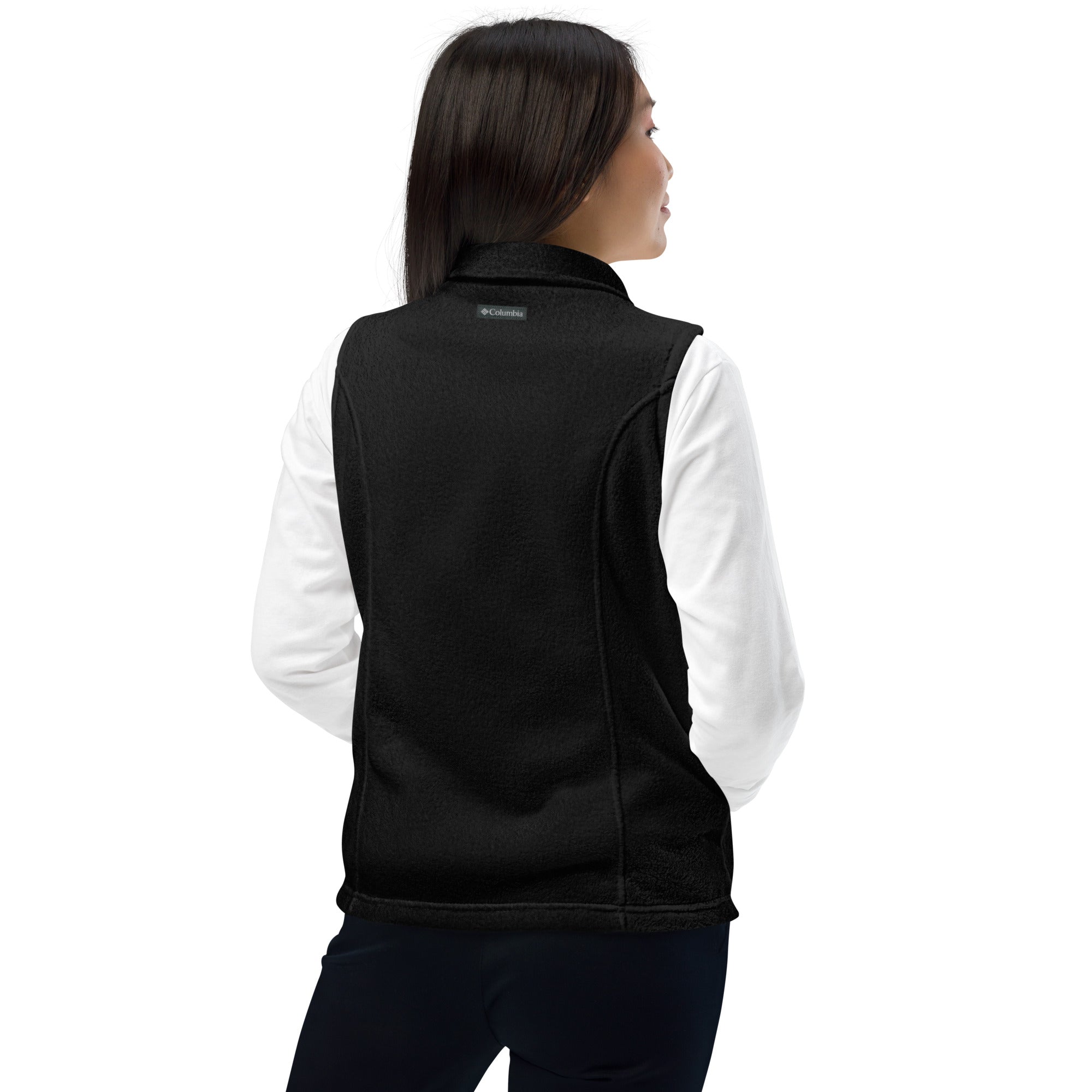 Person wearing a black vest on a white background