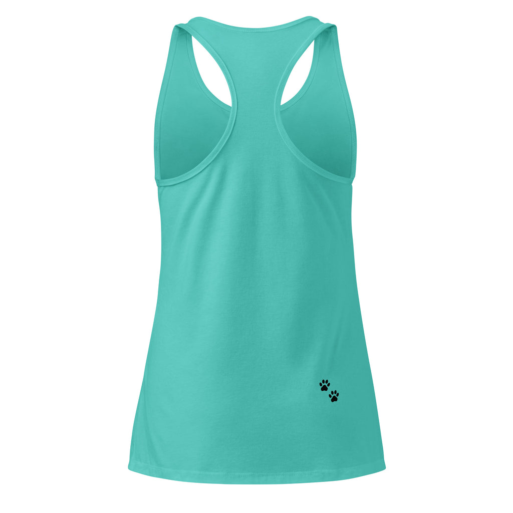 Turquoise tank top with a small black paw print on a white background