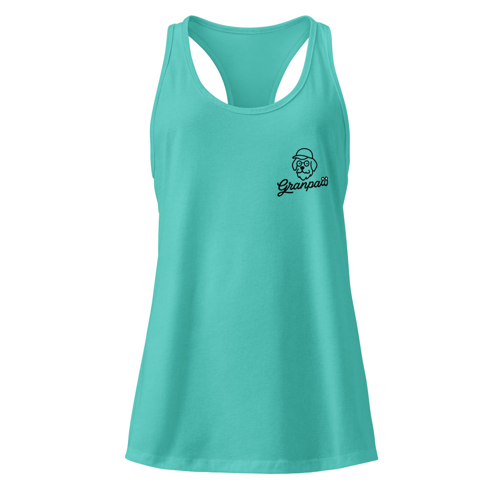 Turquoise tank top with a logo on a white background