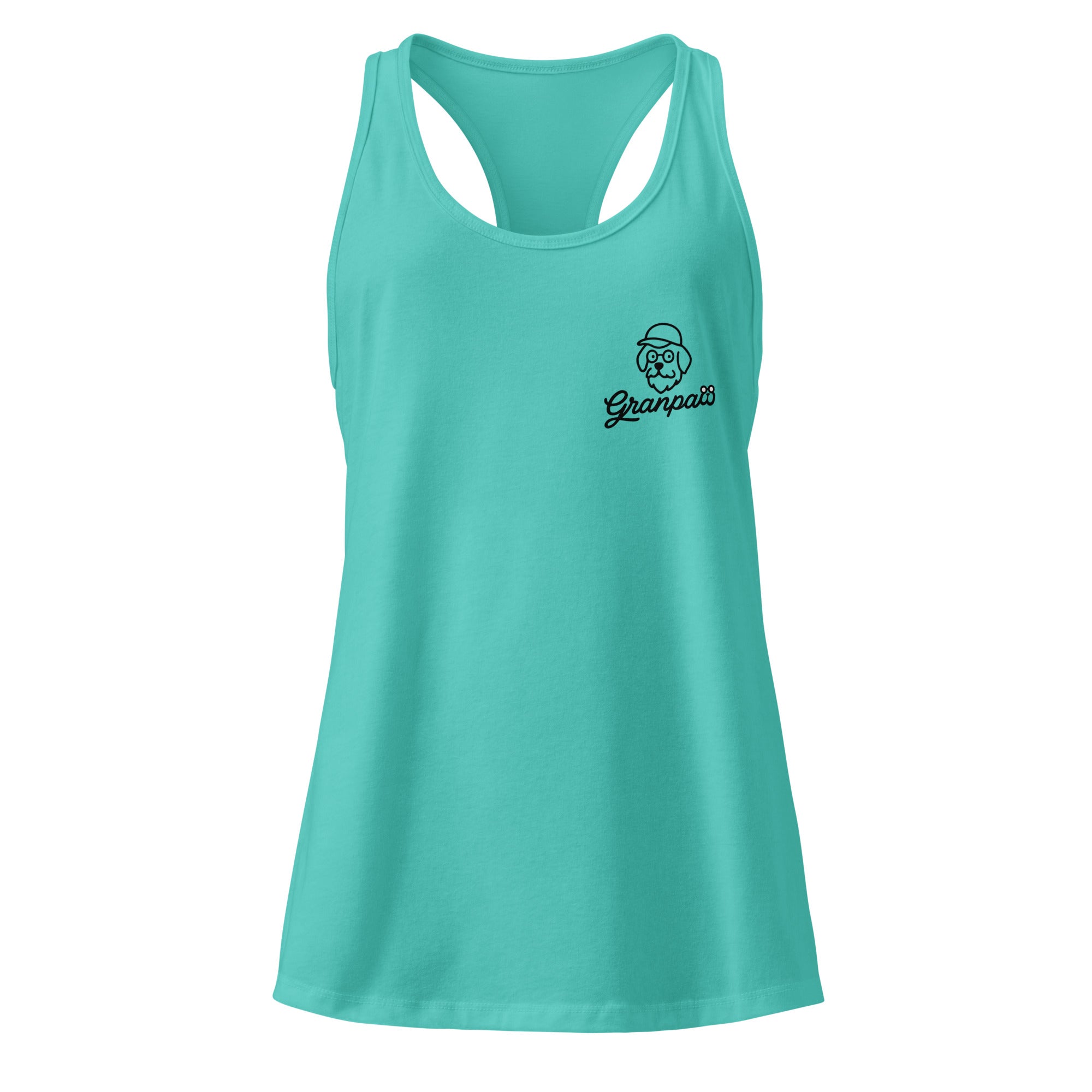 Turquoise tank top with a logo on a white background