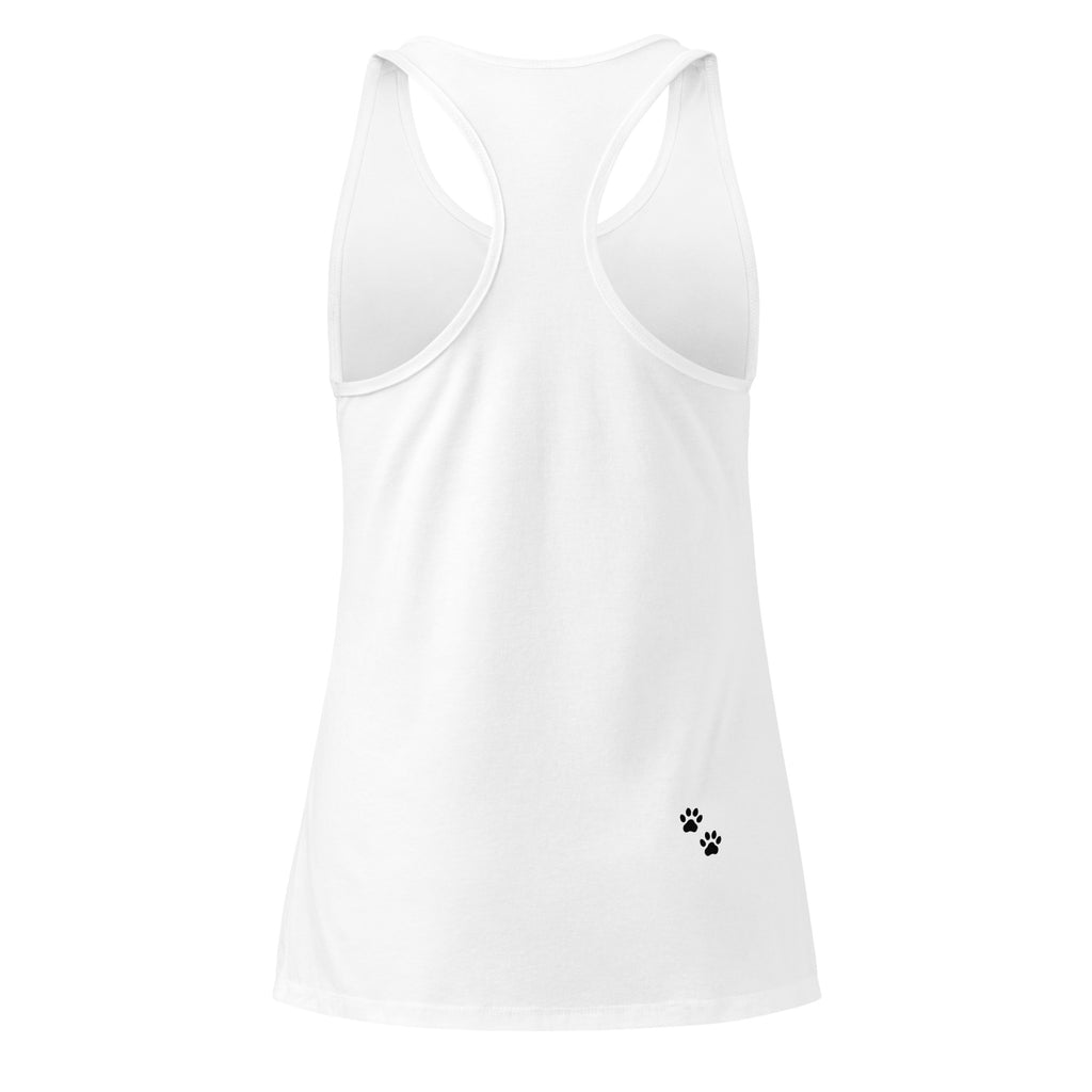 White tank top with a black paw print on a white background