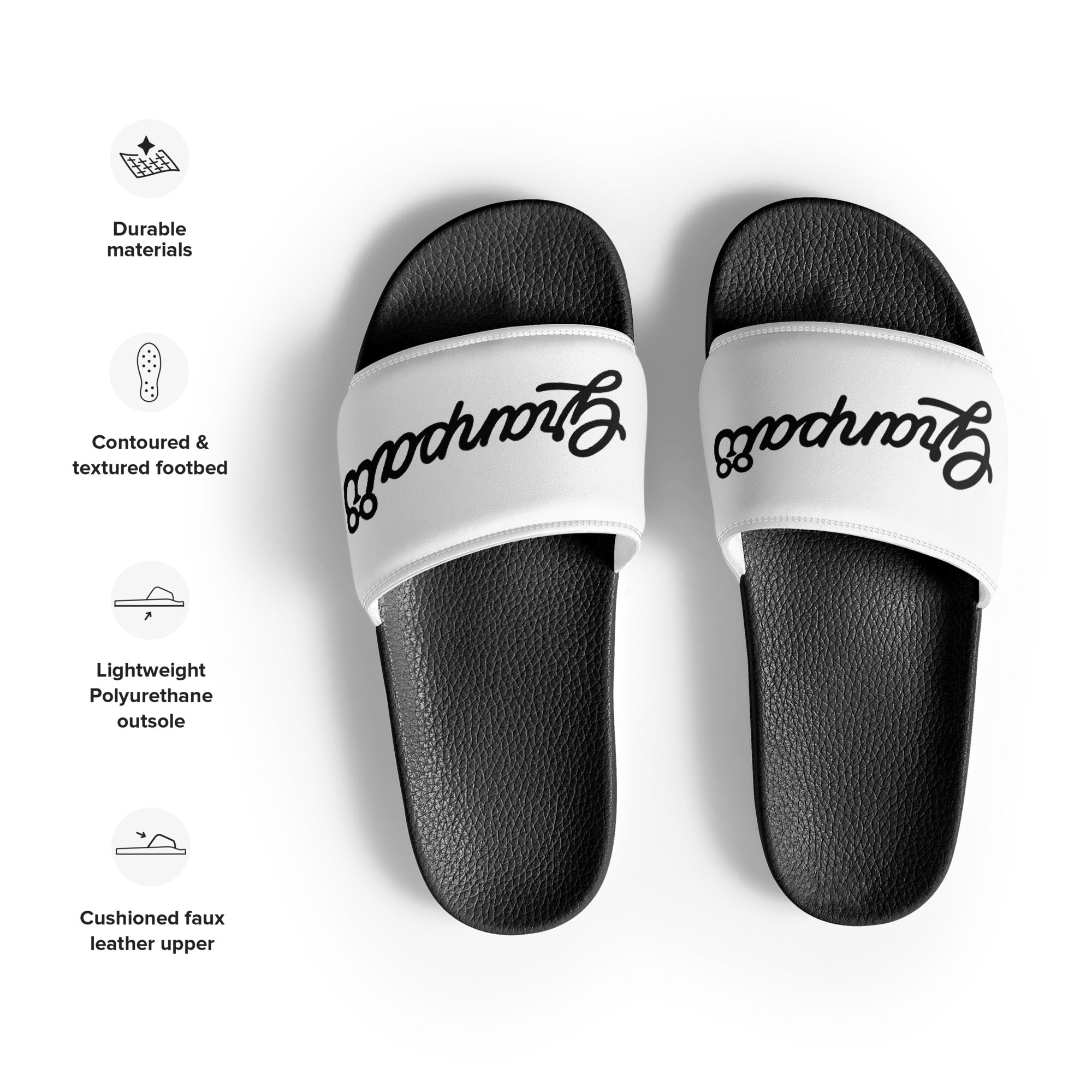 Black and white slides with branding on a white background