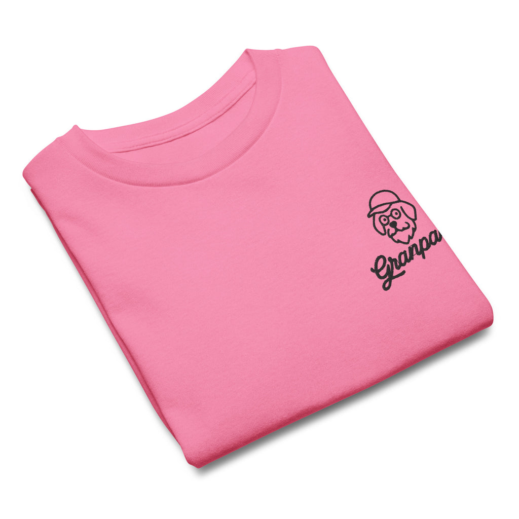 Pink t-shirt with a black graphic and text on a white background