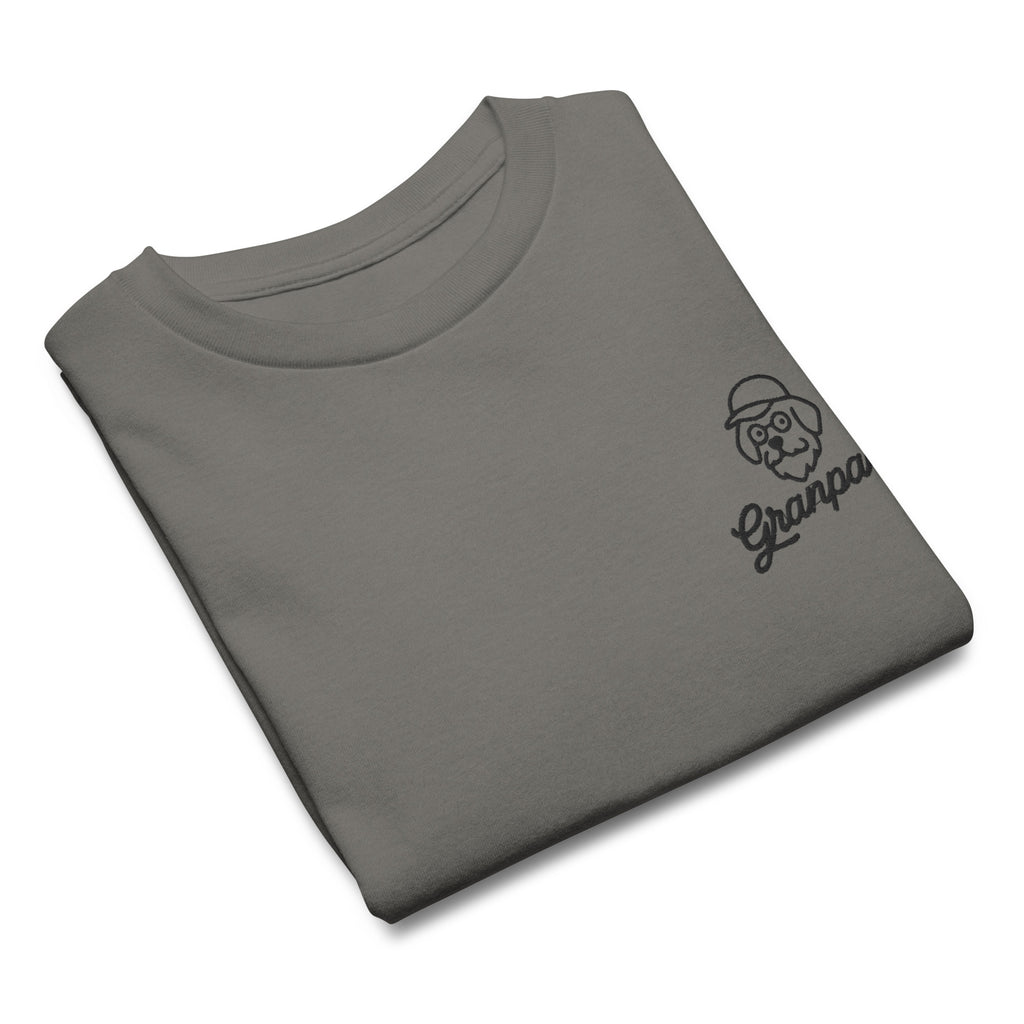 Folded gray t-shirt with 'Granpa' design on a white background