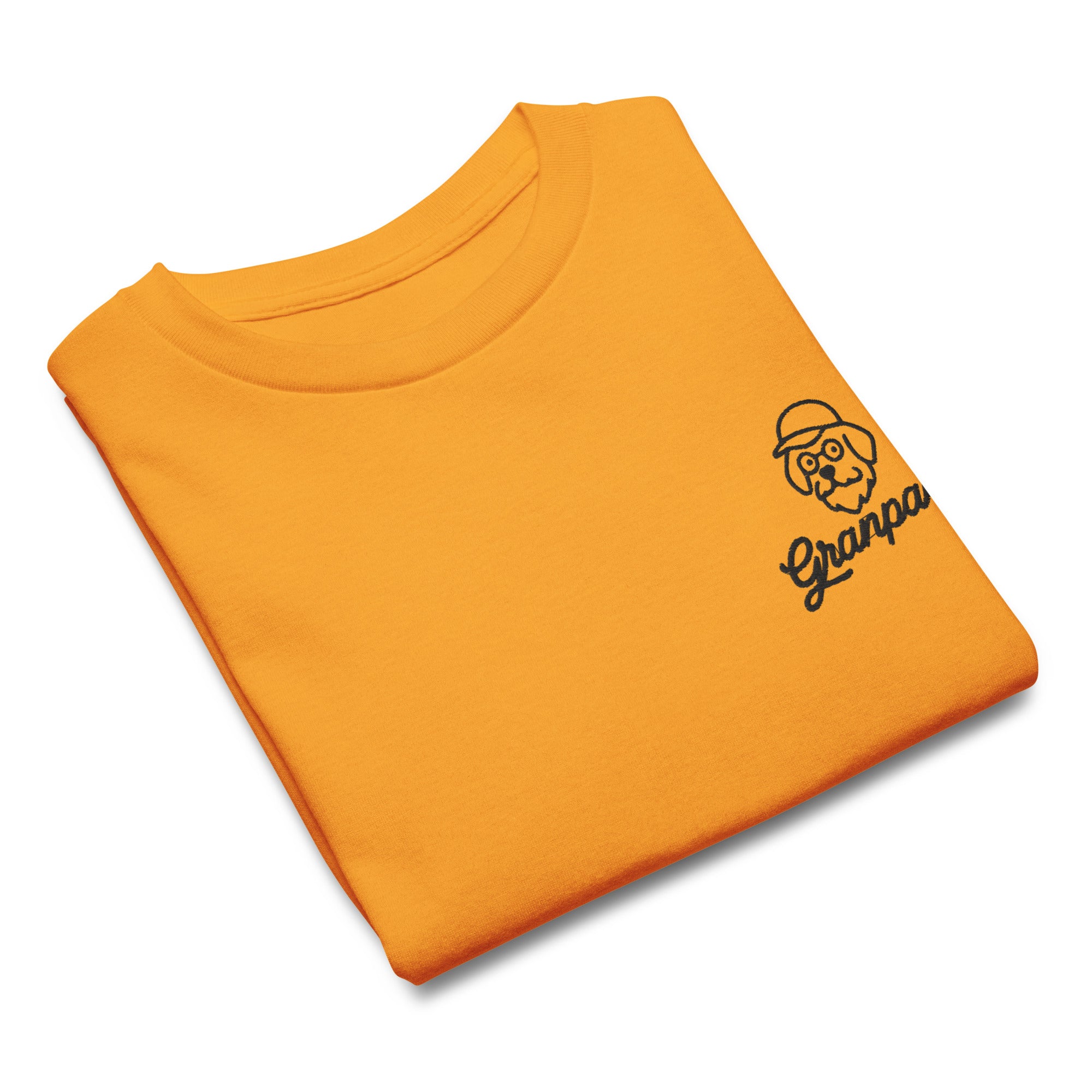 Folded orange sweatshirt with a black graphic and text on a white background