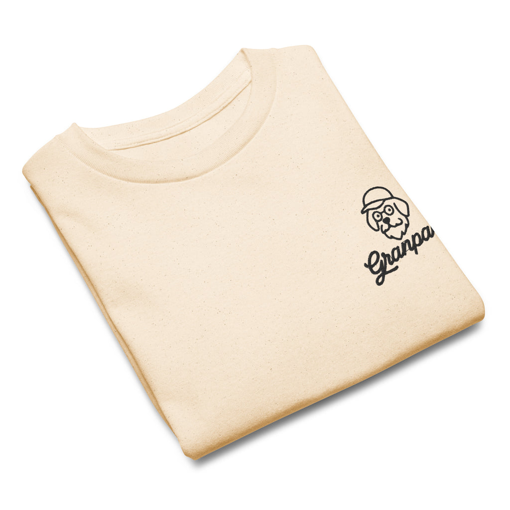 Folded beige sweatshirt with 'Grampaw' graphic on a white background