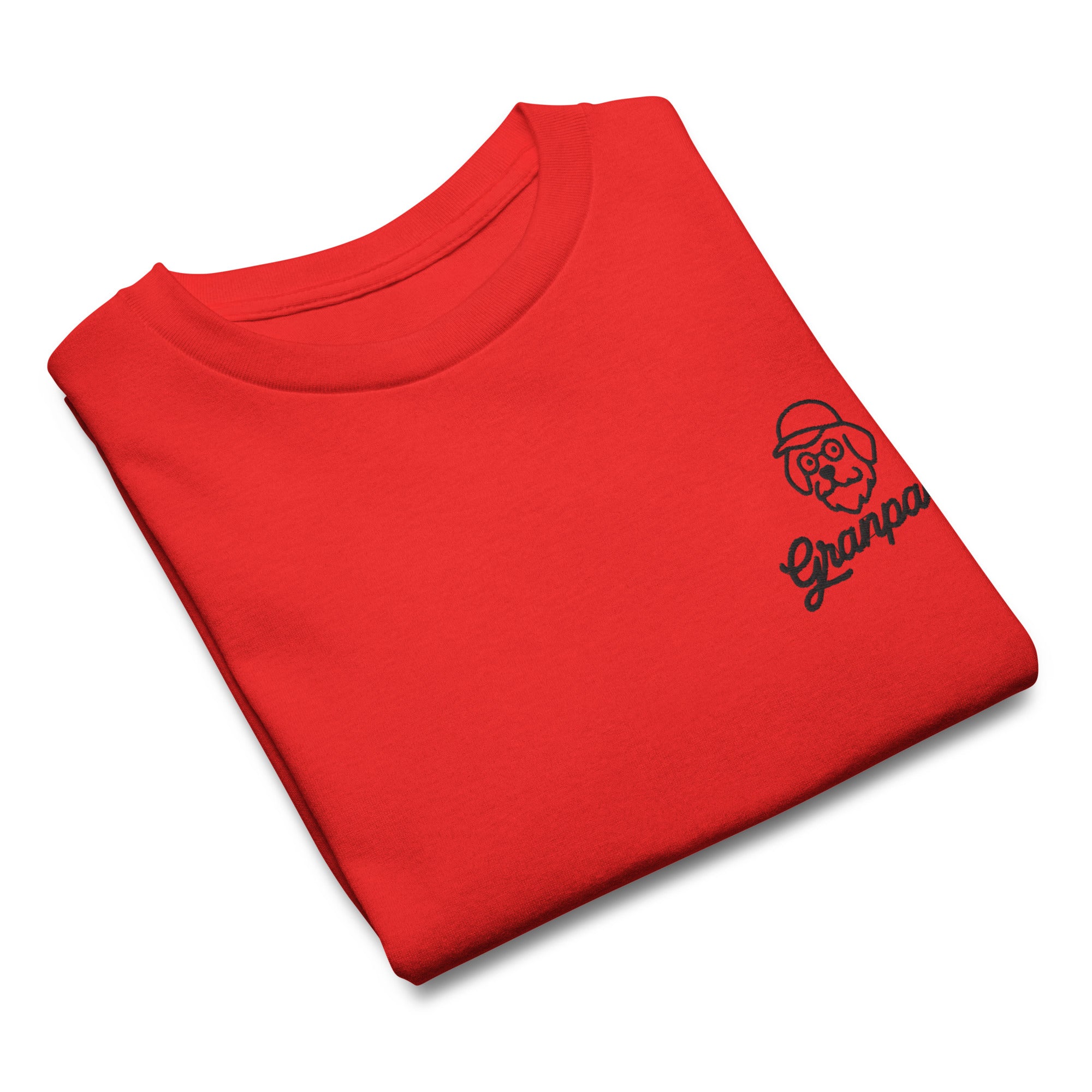 Folded red t-shirt with a black logo and text on a white background
