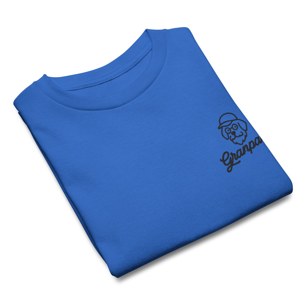 Folded blue t-shirt with a black graphic and text on a white background
