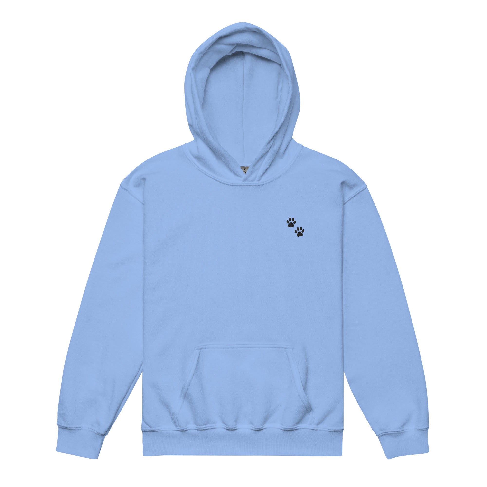 Light blue hoodie with a small black paw print on a white background