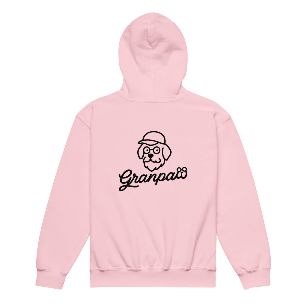 Pink hoodie with 'Granpa' and a dog graphic on a white background