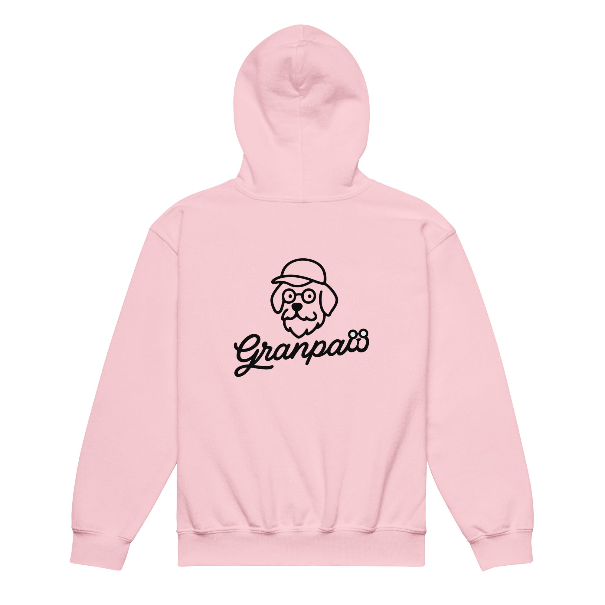 Pink hoodie with 'Granpa' and a dog graphic on a white background