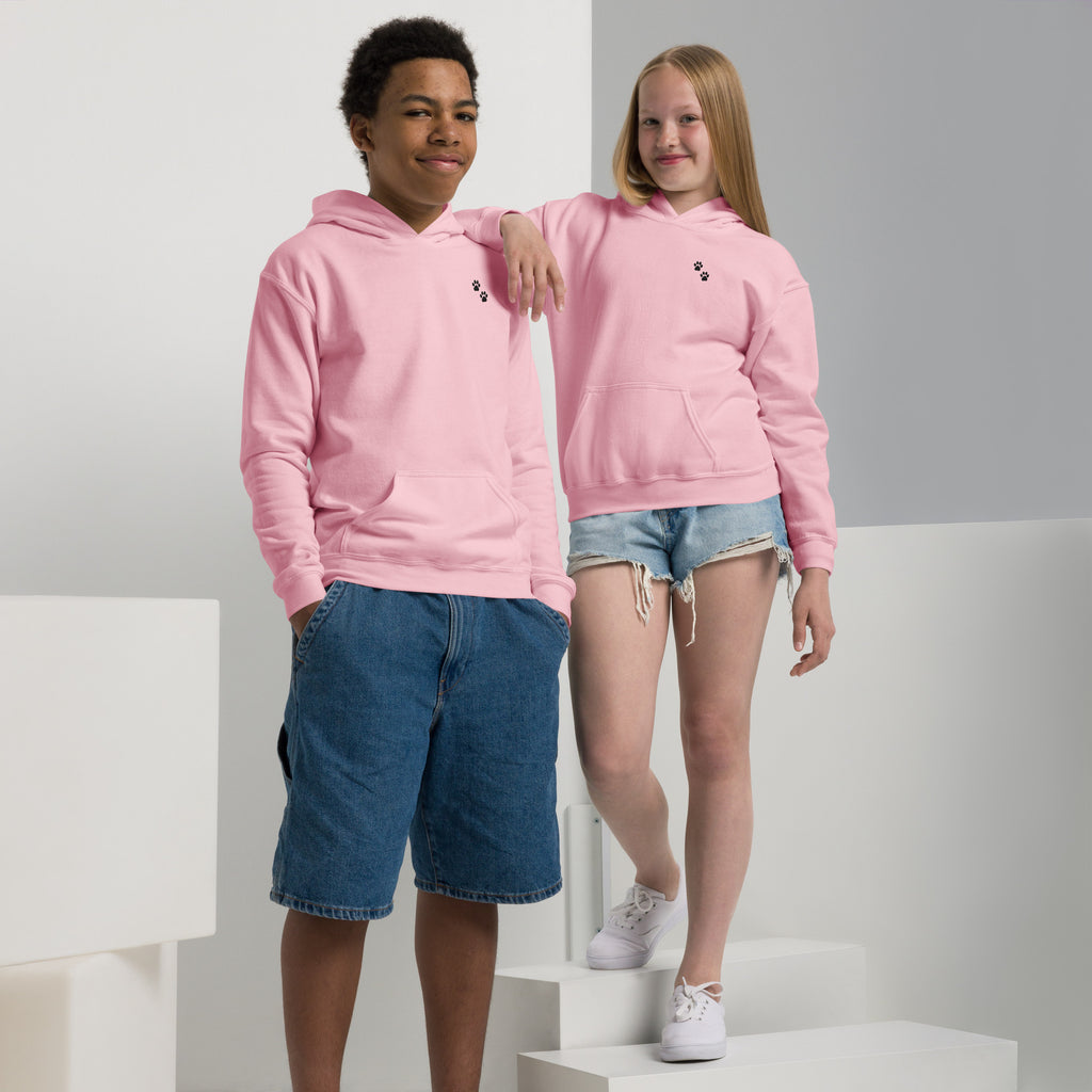 Two children wearing pink hoodies standing on a white platform.