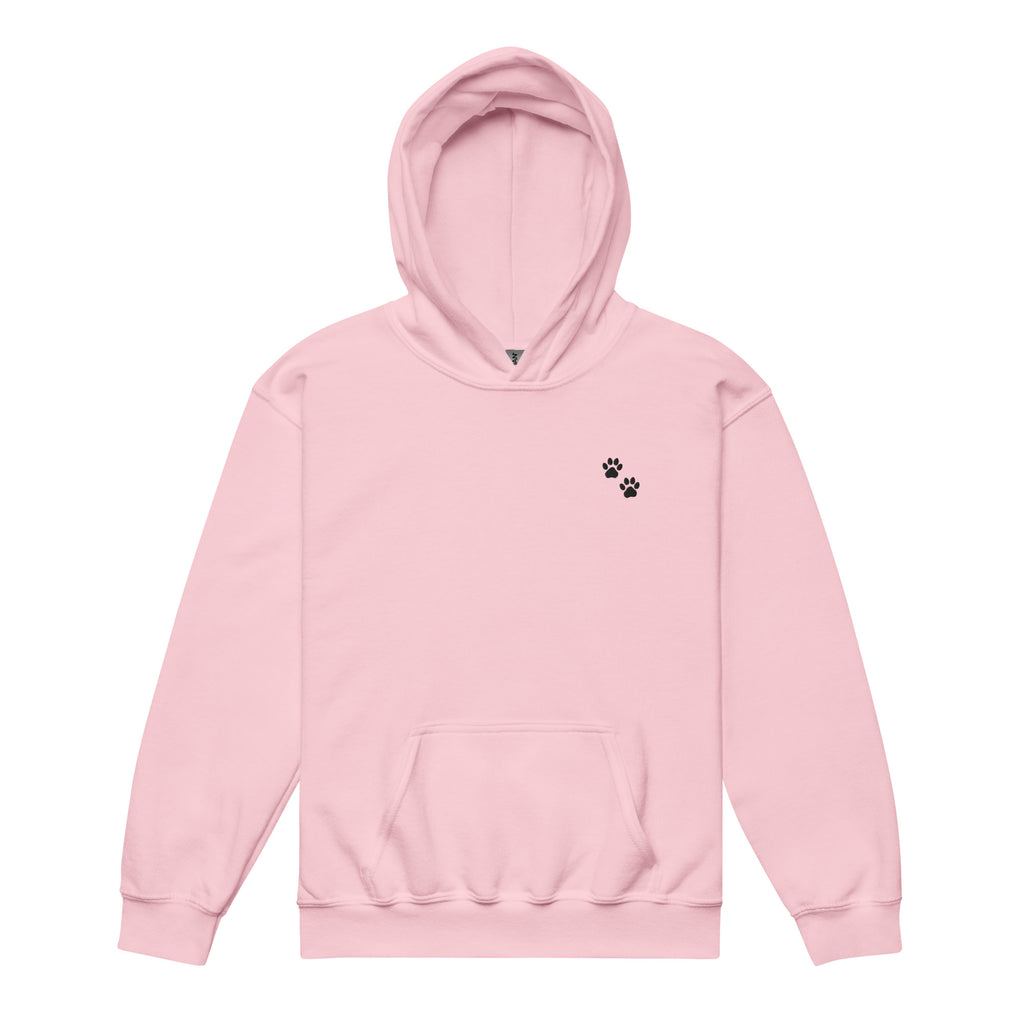 Pink hoodie with a black paw print on a white background